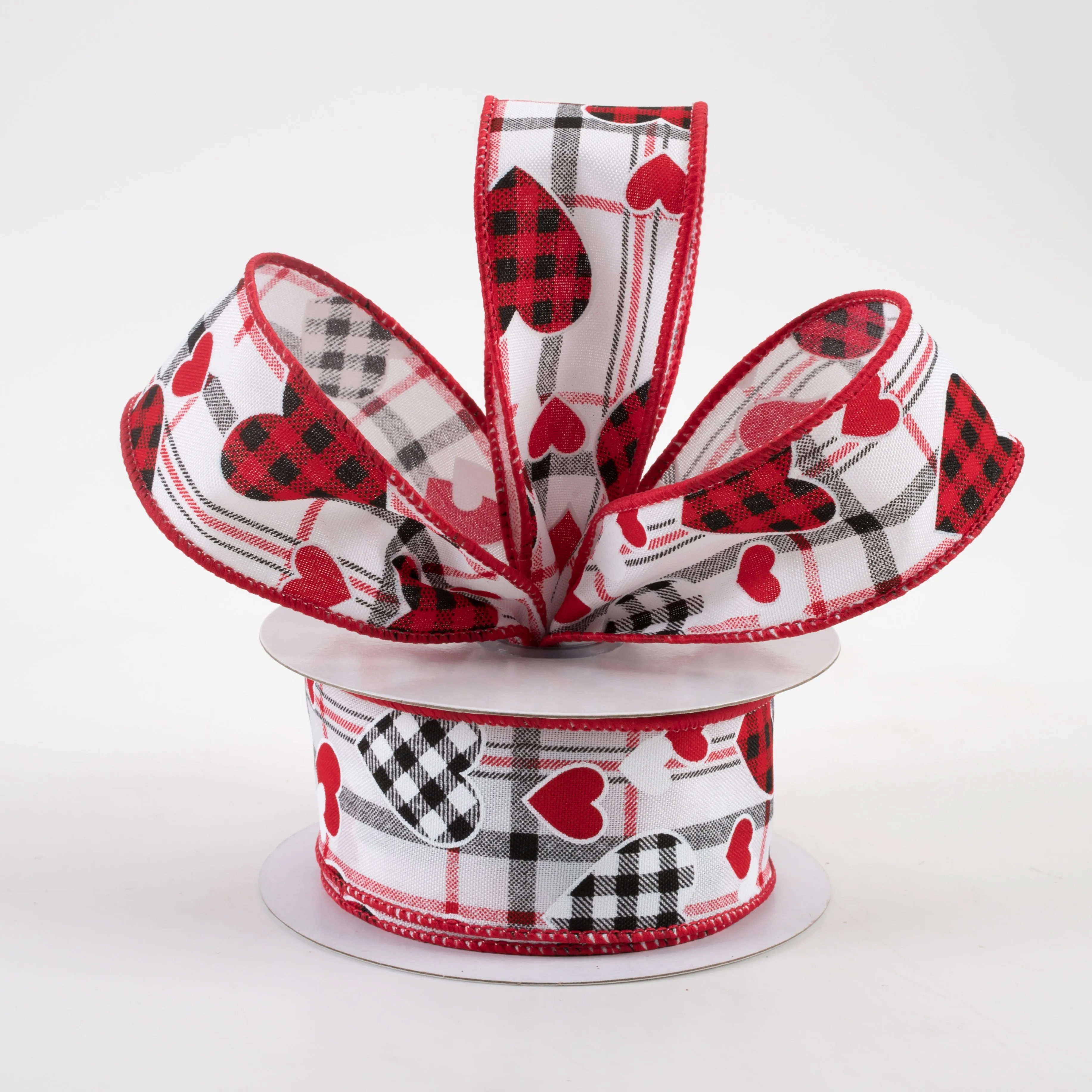 1.5" Check Hearts On Plaid Ribbon: White (10 Yards)