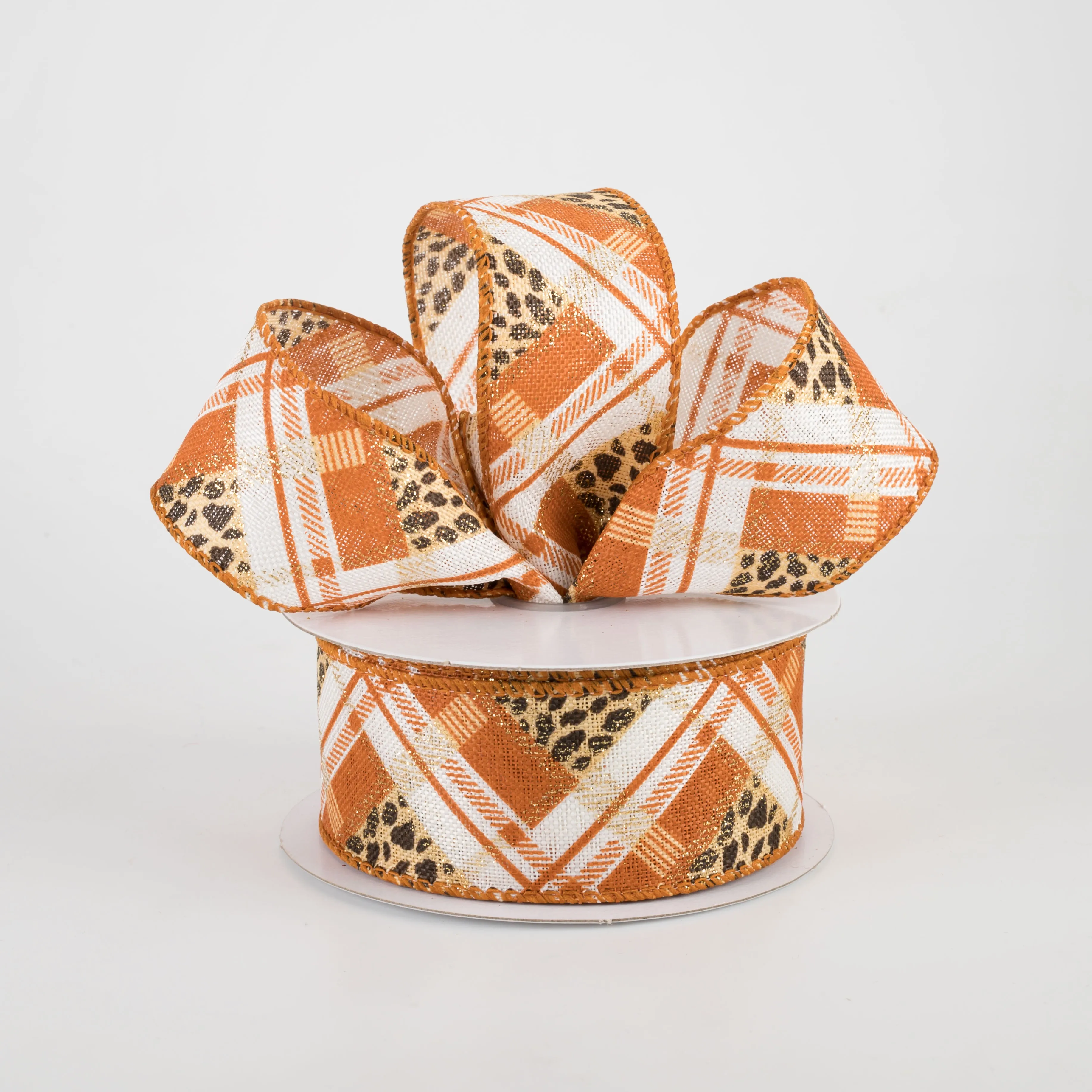 1.5" Cheetah Argyle Plaid Linen Ribbon: Orange & Ivory (10 Yards)