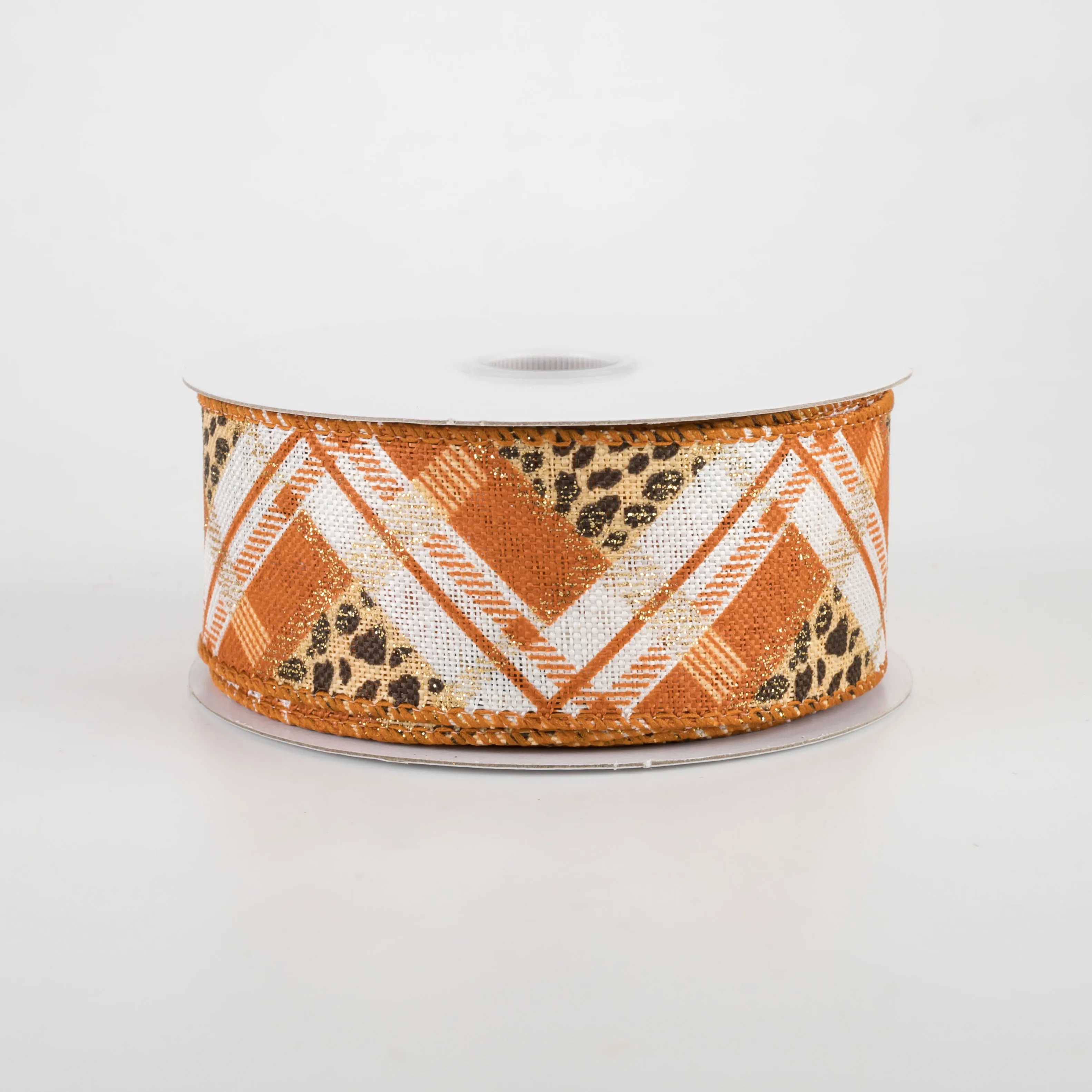 1.5" Cheetah Argyle Plaid Linen Ribbon: Orange & Ivory (10 Yards)