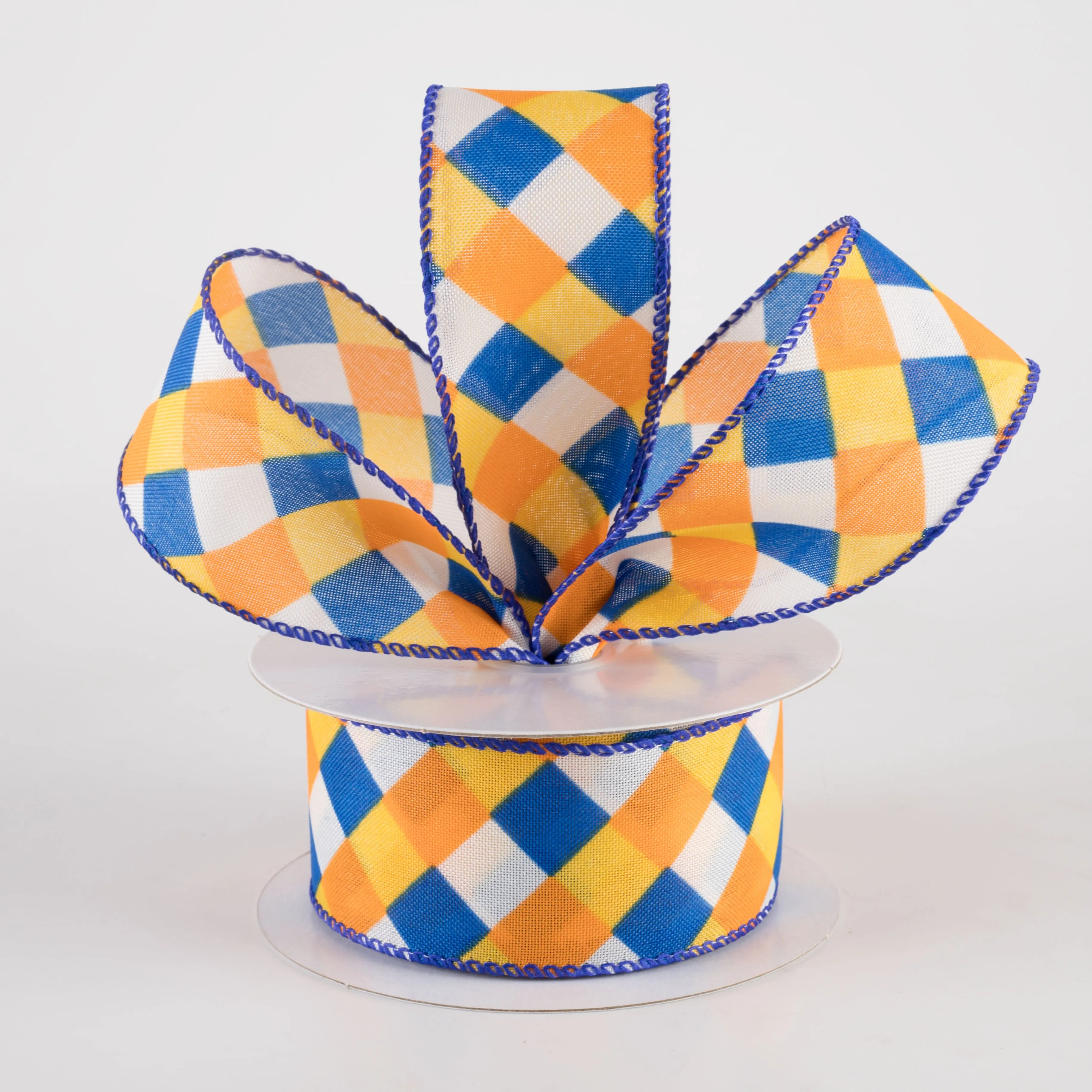 1.5" Diagonal Stripes Ribbon: Royal, Orange & Sunflower on Ivory (10 Yards)