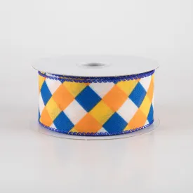 1.5" Diagonal Stripes Ribbon: Royal, Orange & Sunflower on Ivory (10 Yards)