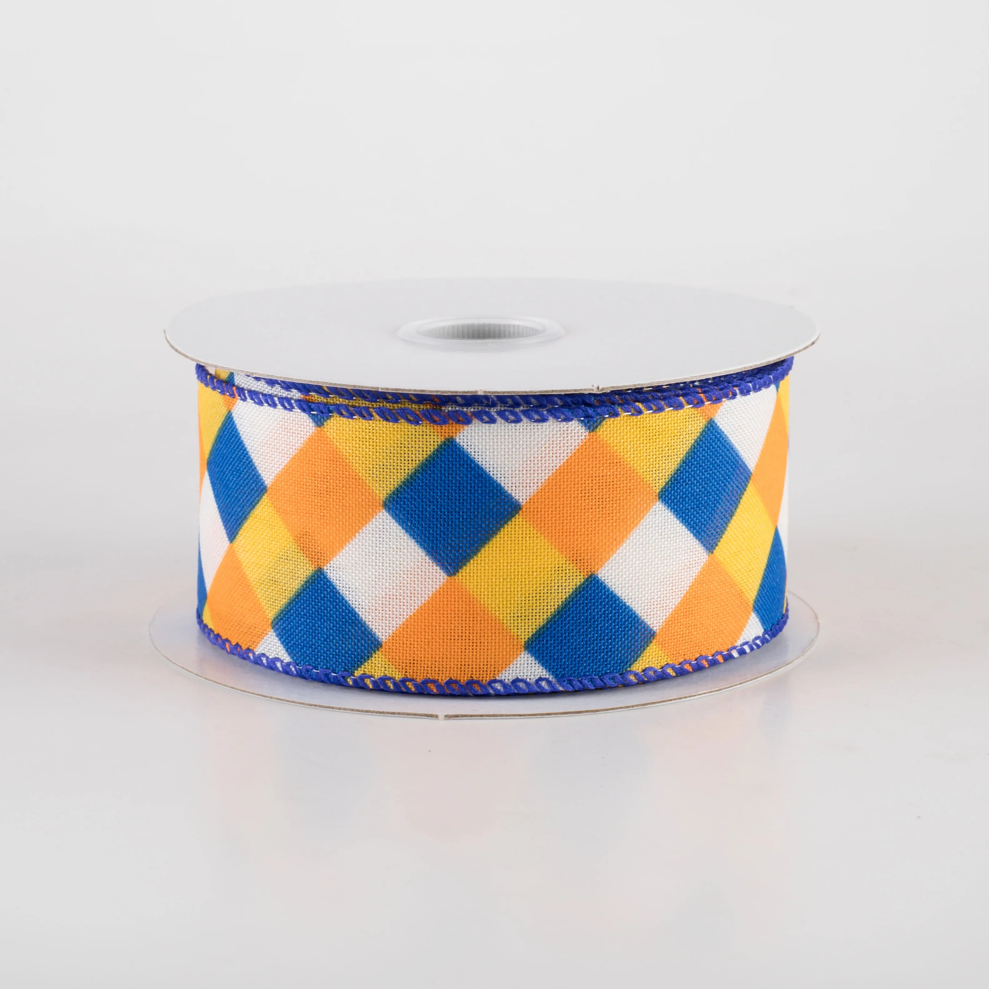 1.5" Diagonal Stripes Ribbon: Royal, Orange & Sunflower on Ivory (10 Yards)