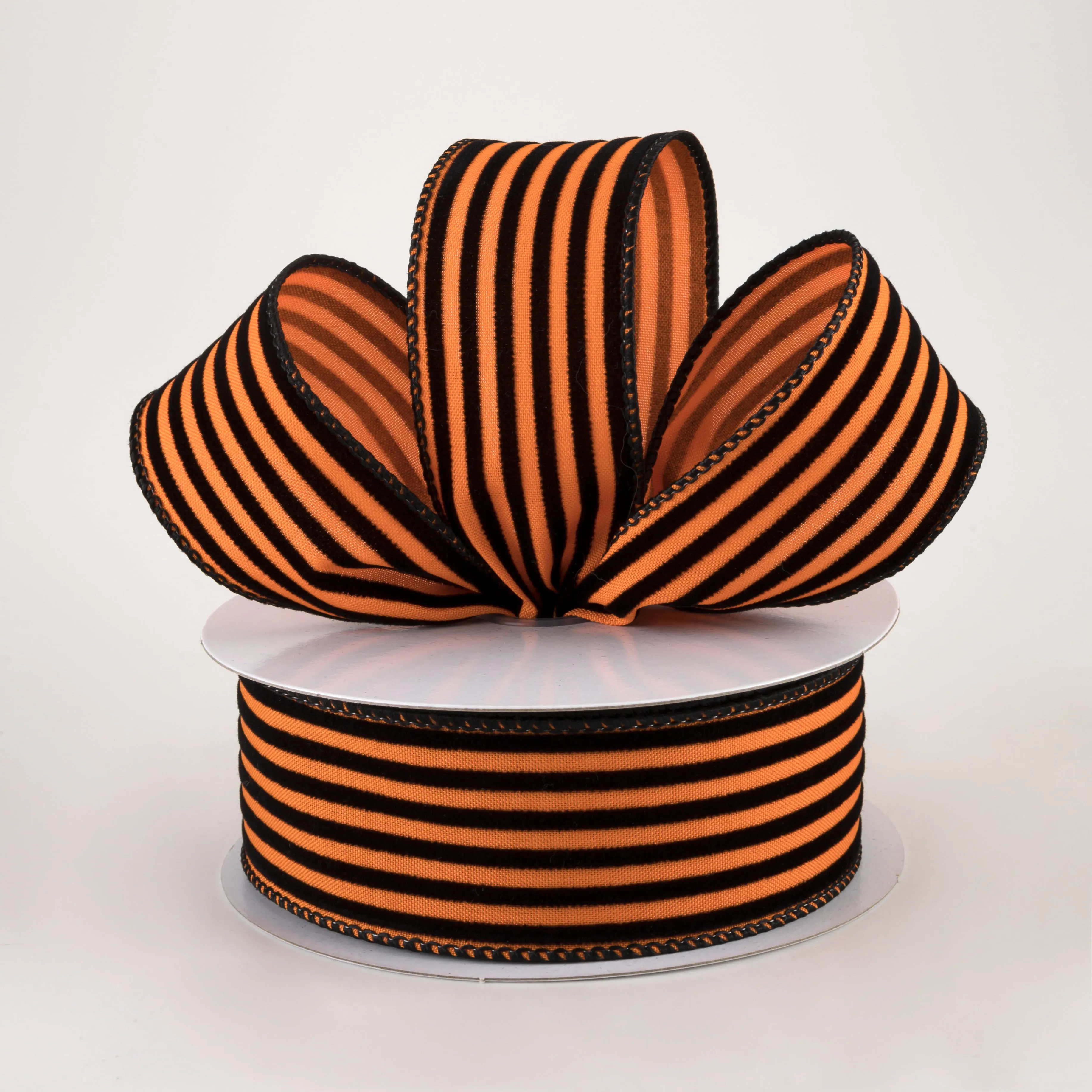1.5" Flocked Thin Cabana Stripe Ribbon: Orange & Black (10 Yards)