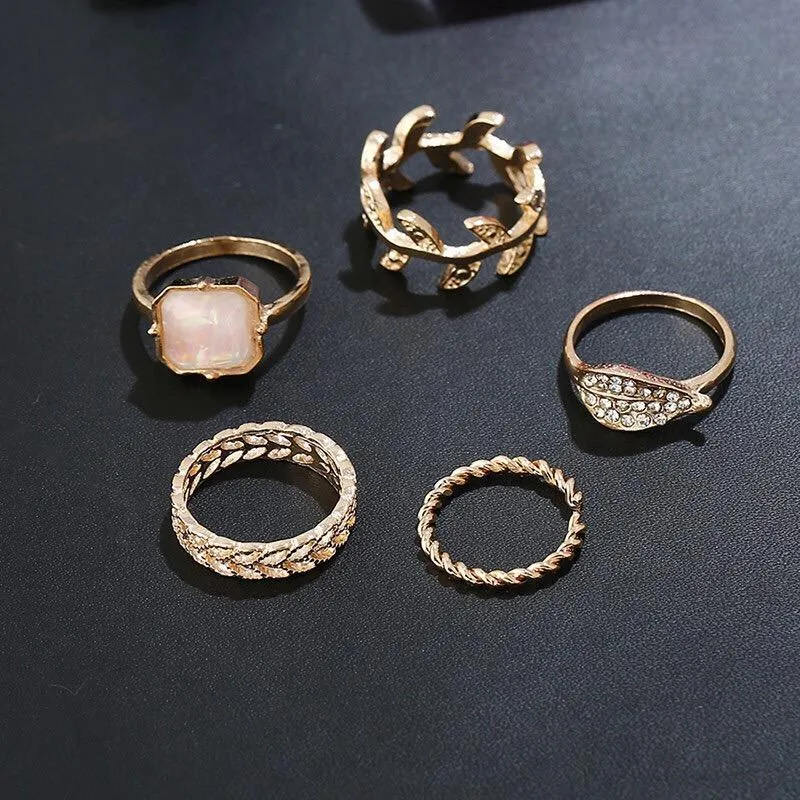 5pcs BOHO ring set jelly leaves style bohemia party