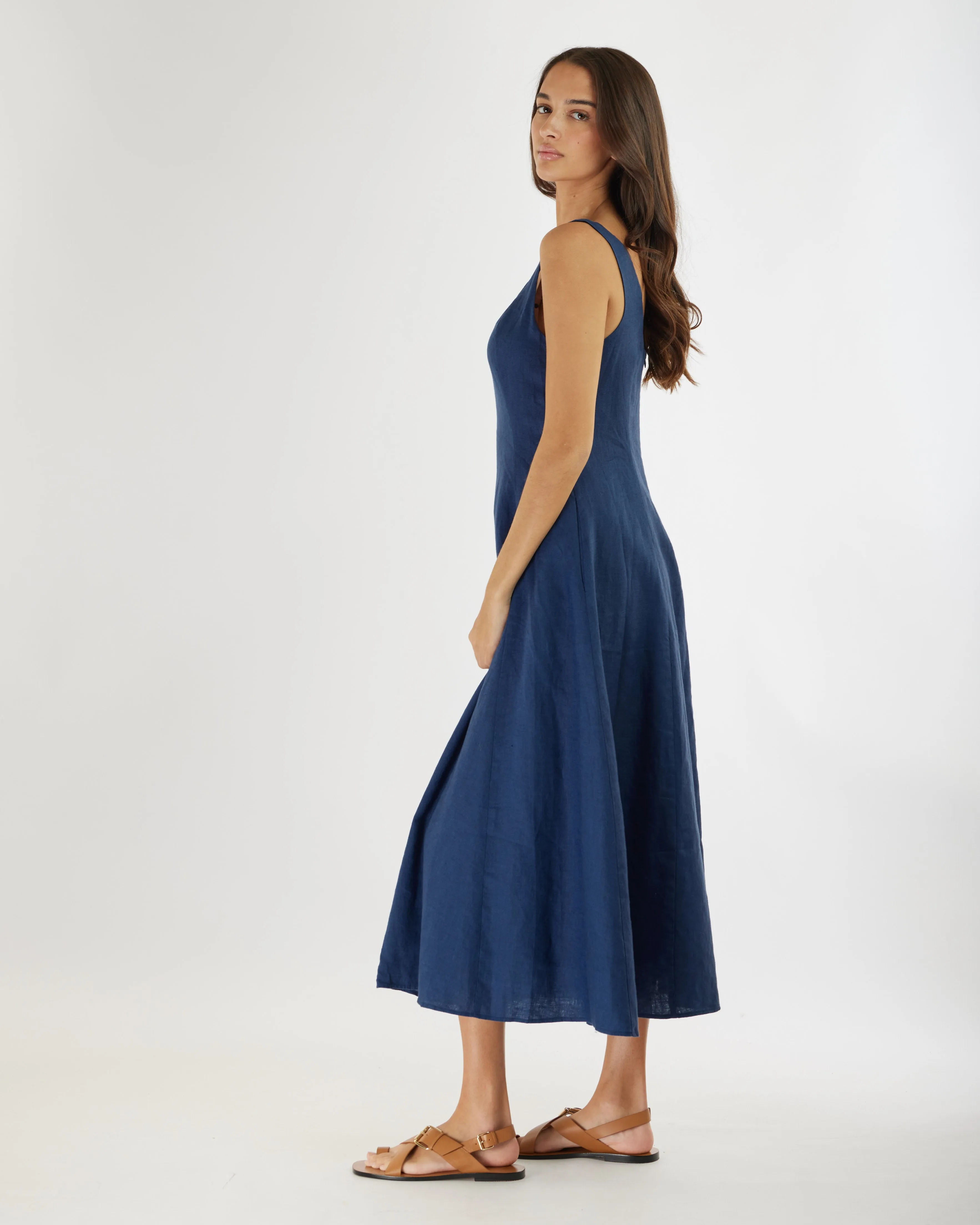 Navy Blue Panelled Midi Dress for Women - Elegant Linen Design by Anna
