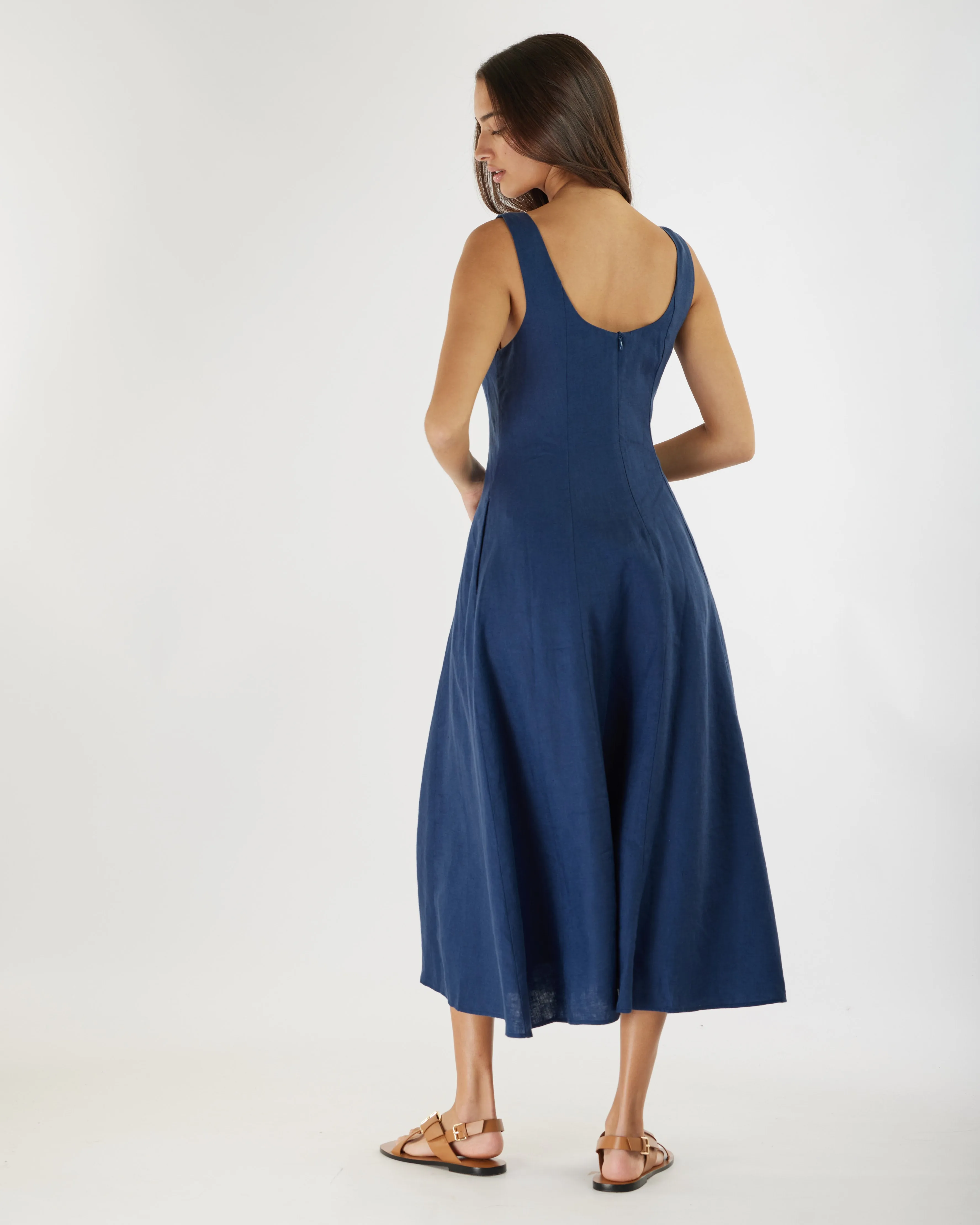 Navy Blue Panelled Midi Dress for Women - Elegant Linen Design by Anna
