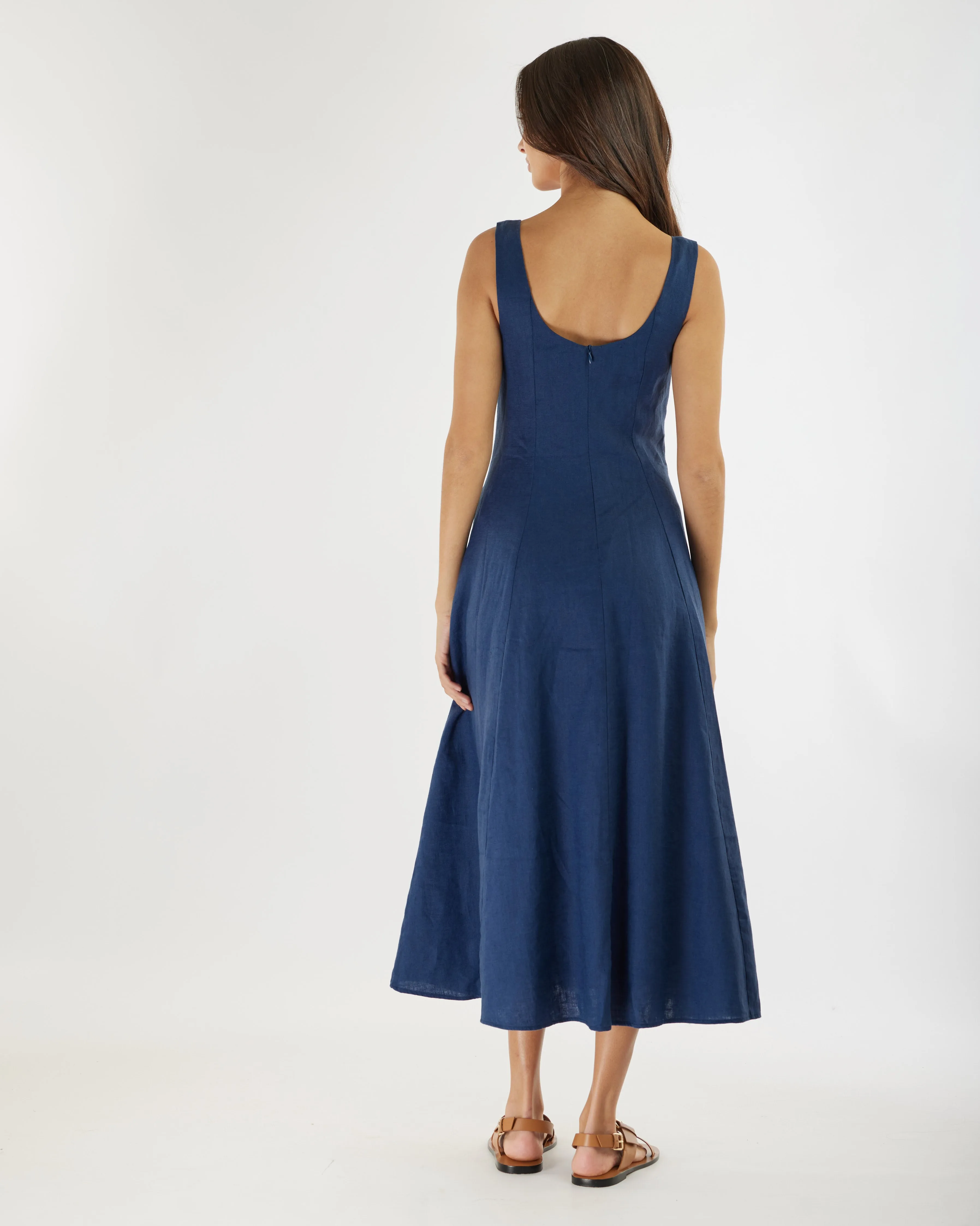 Navy Blue Panelled Midi Dress for Women - Elegant Linen Design by Anna