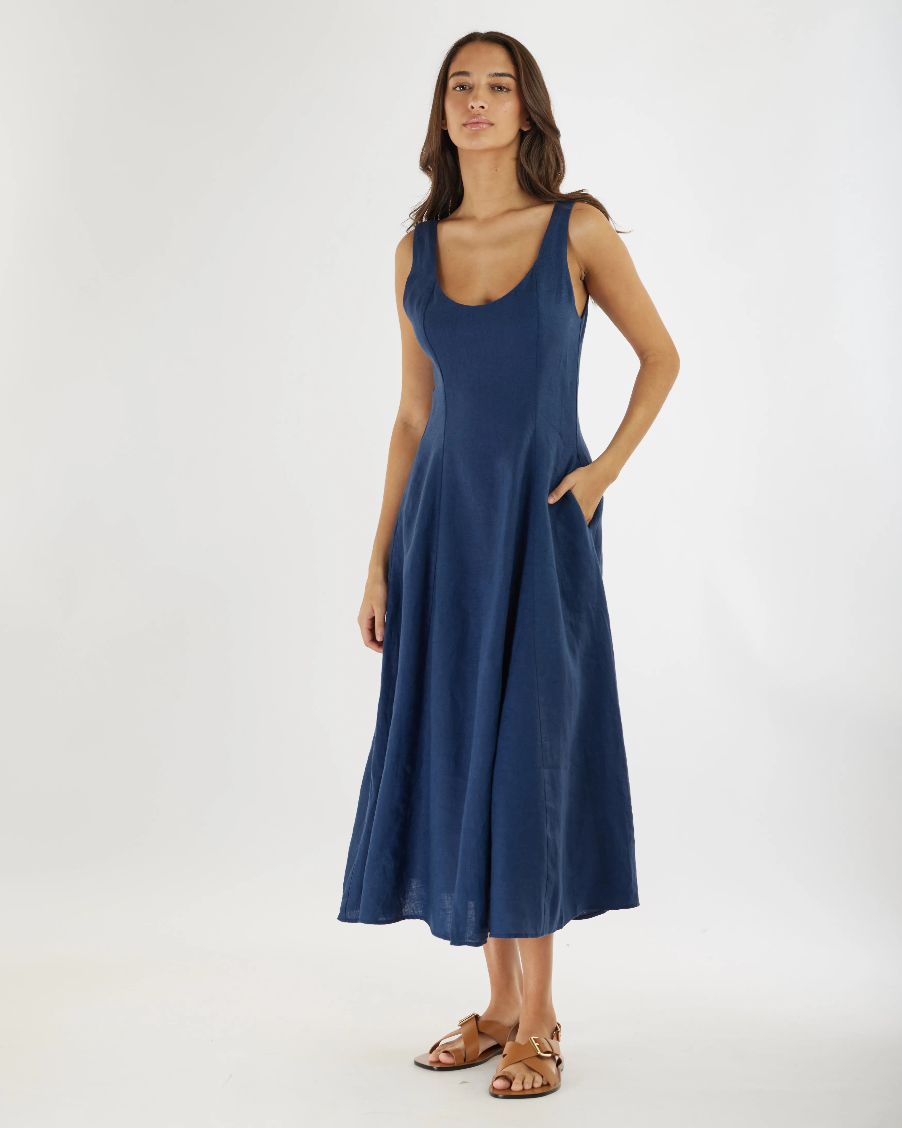 Navy Blue Panelled Midi Dress for Women - Elegant Linen Design by Anna