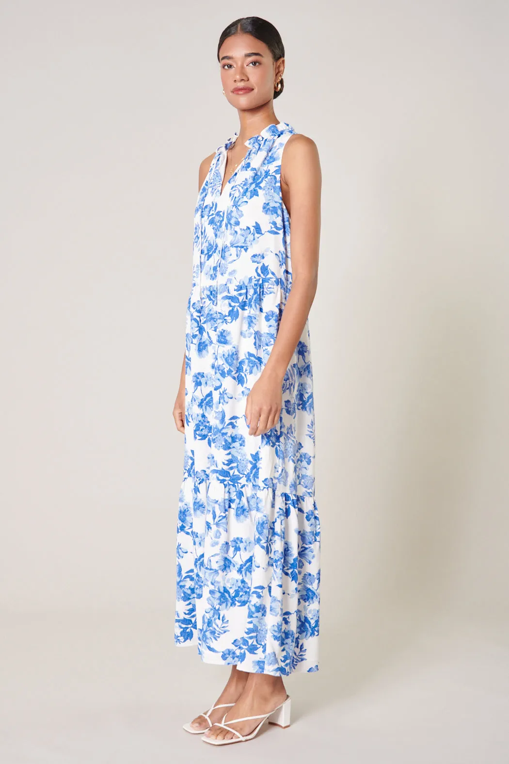 Antoinette Blue Floral Split Neck Tiered Maxi Dress