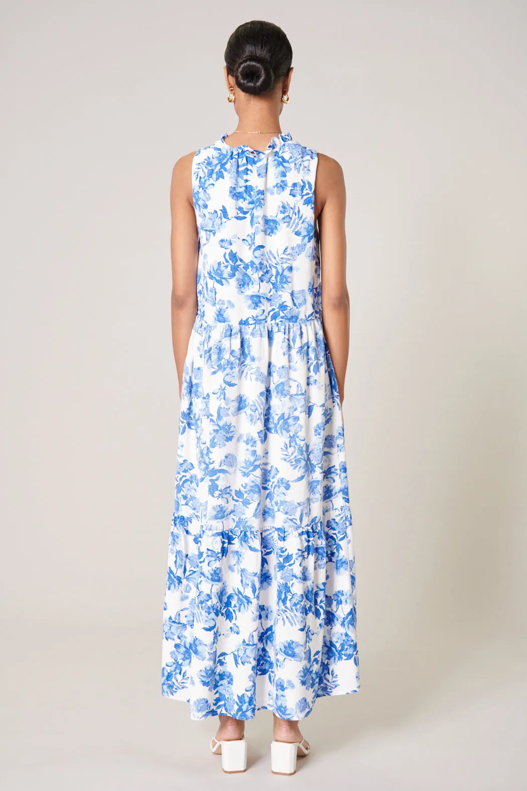 Antoinette Blue Floral Split Neck Tiered Maxi Dress