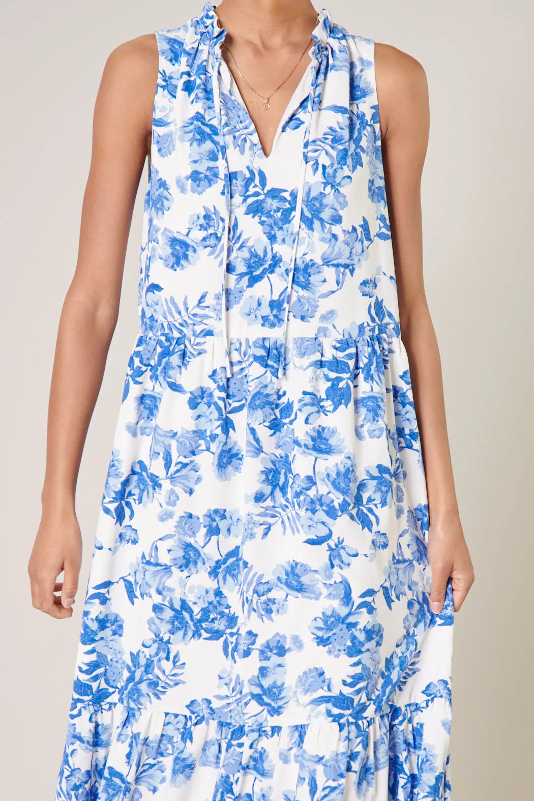 Antoinette Blue Floral Split Neck Tiered Maxi Dress