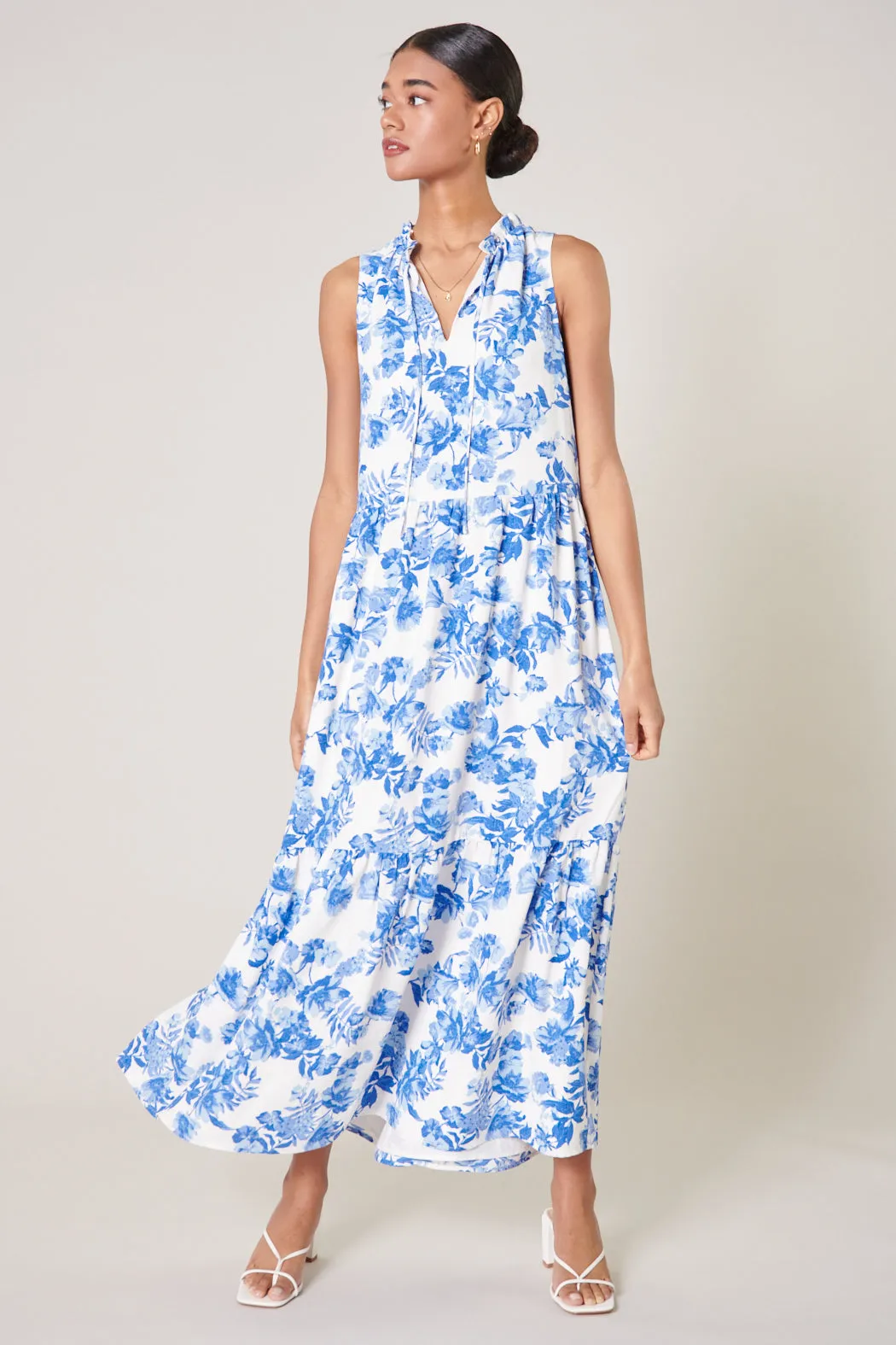 Antoinette Blue Floral Split Neck Tiered Maxi Dress