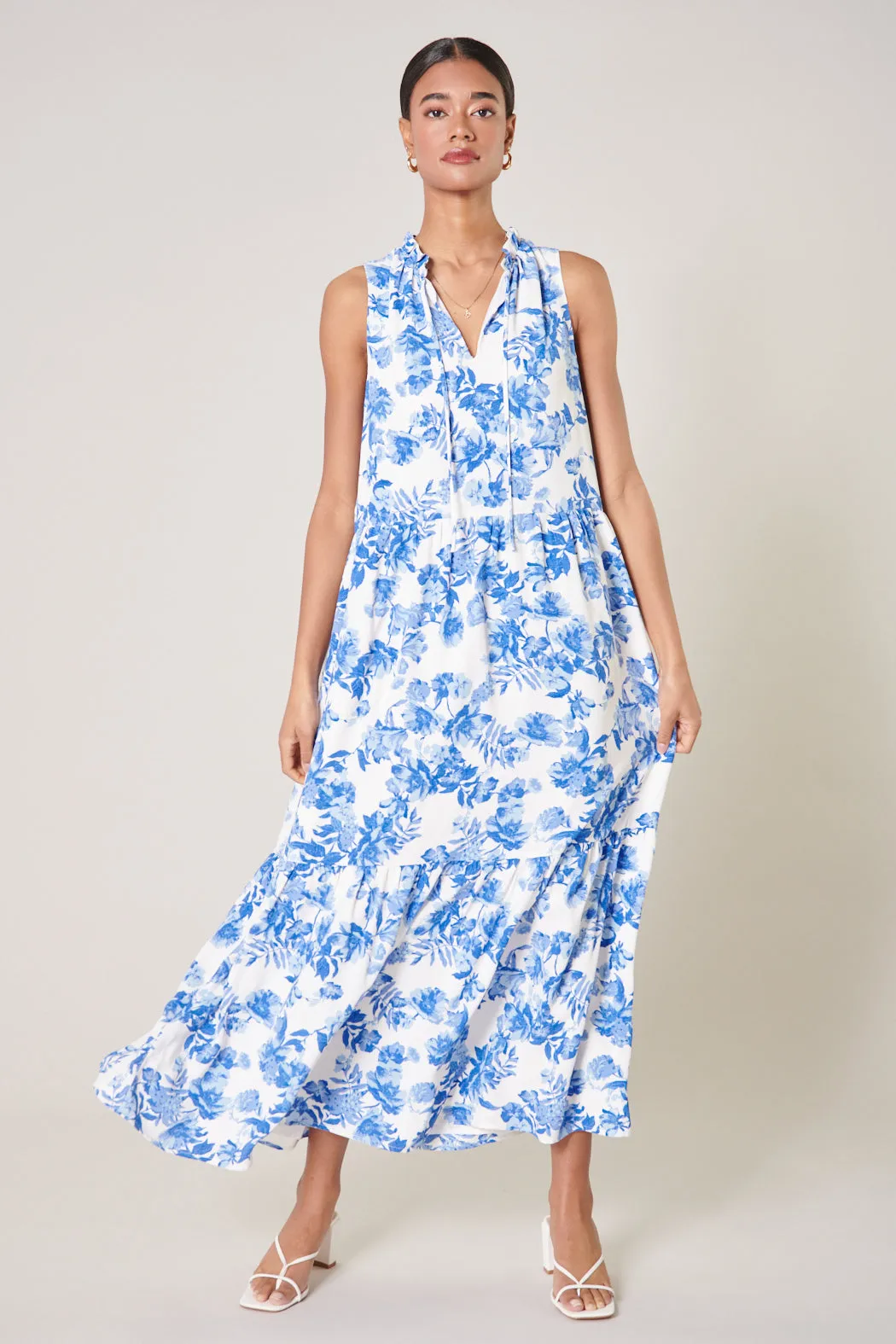 Antoinette Blue Floral Split Neck Tiered Maxi Dress