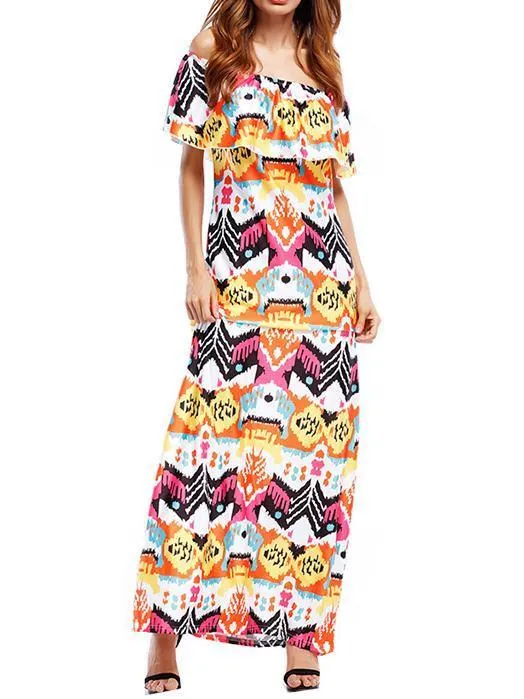 Bohemia Printed Falbala Off-the-shoulder Maxi Dress