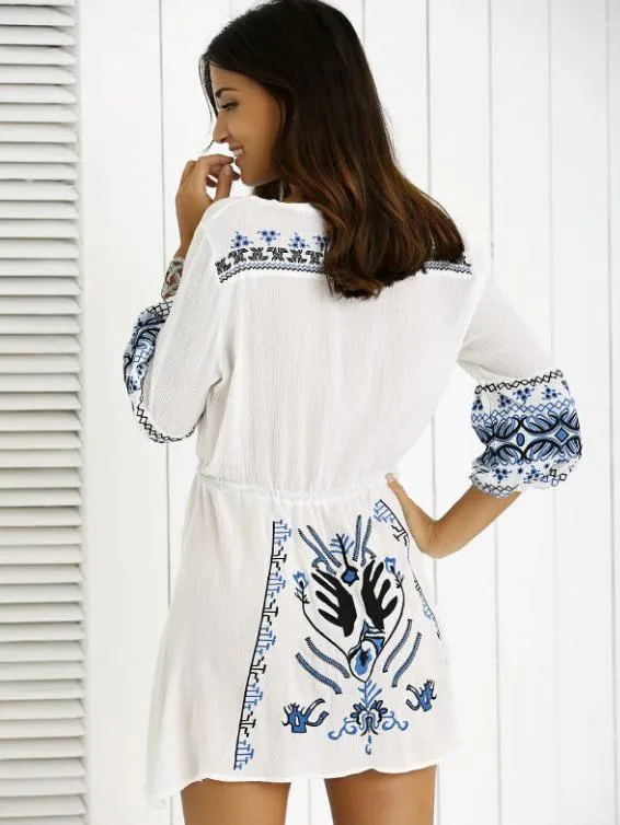 Bohemia Puff Sleeves Embroidered Mini Dress