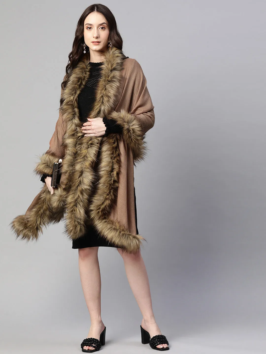 Brown Wool shawl with fur, fur shawl online