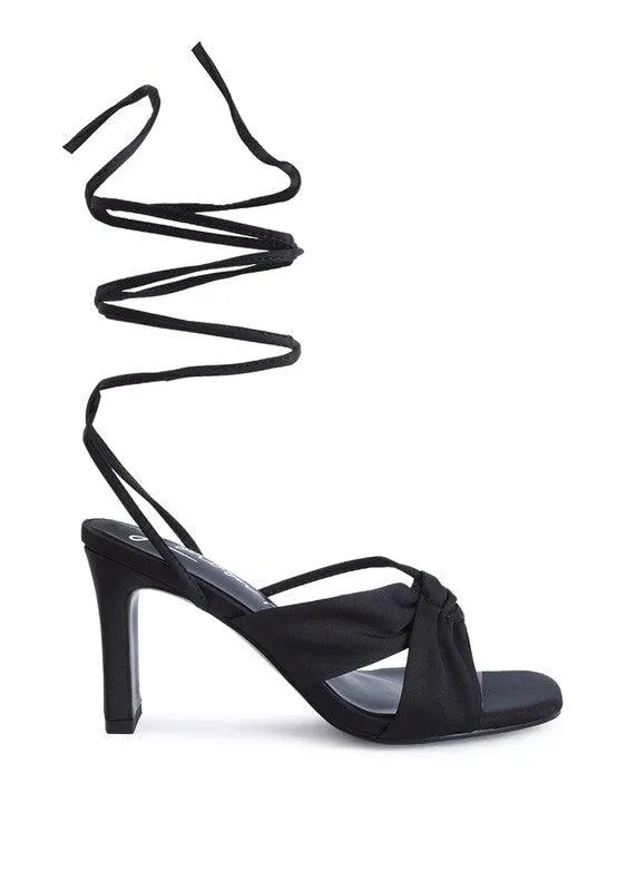 Chasm Ruched Satin Tie Up Block Heeled Sandals