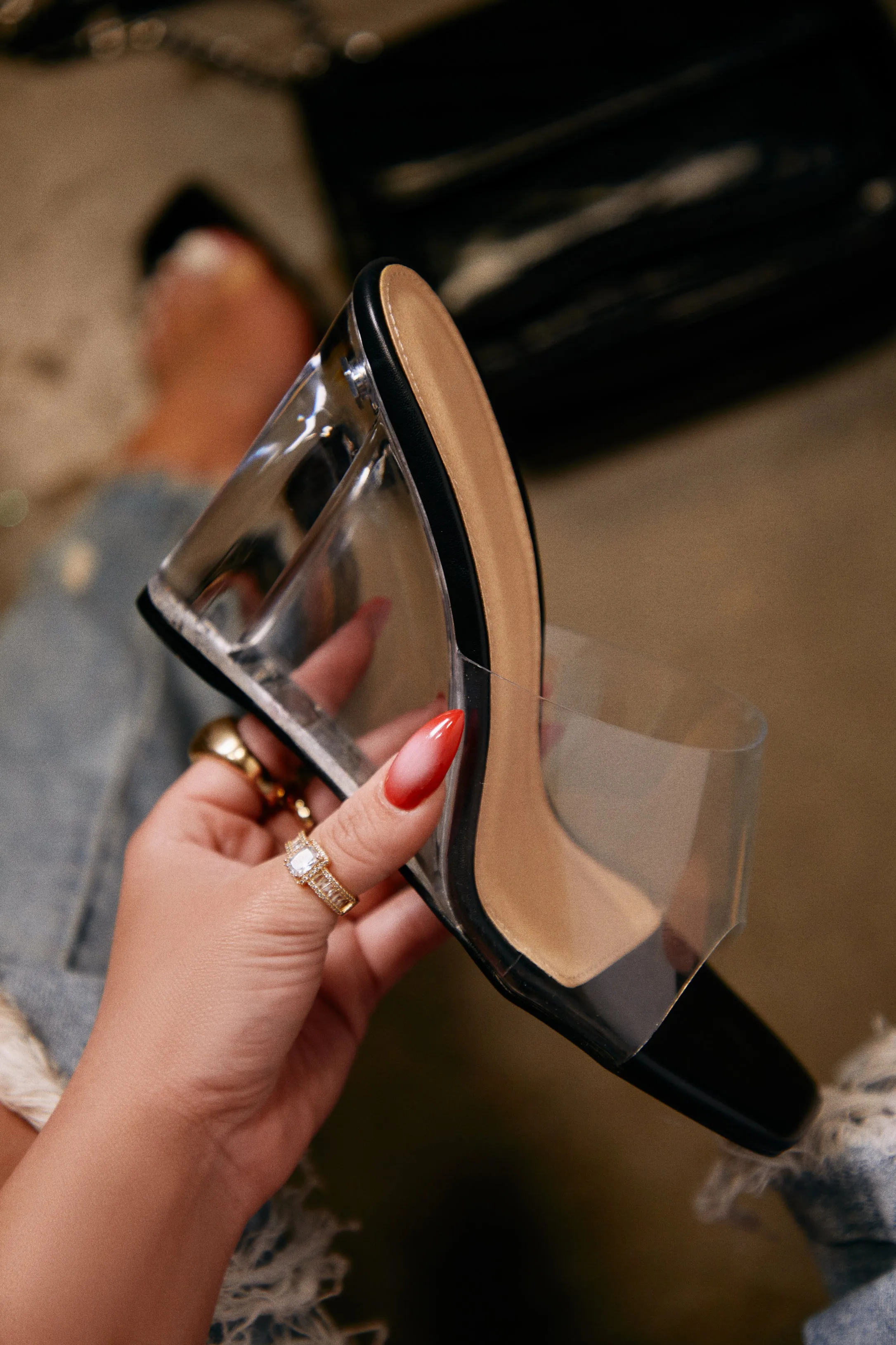 Devica Clear Wedge Heel Mules - Black