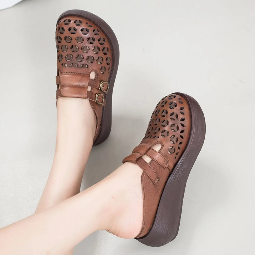 Double Buckles Summer Hollow Wedge Slippers
