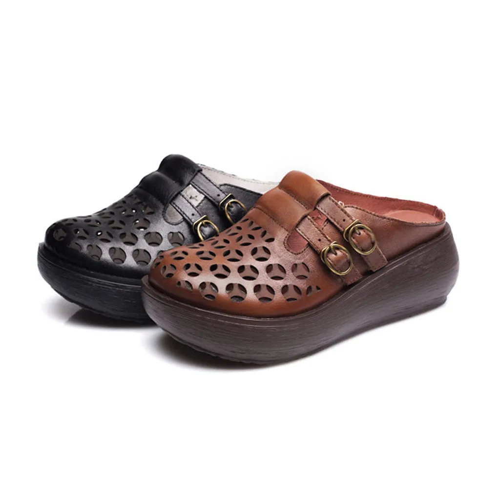 Double Buckles Summer Hollow Wedge Slippers