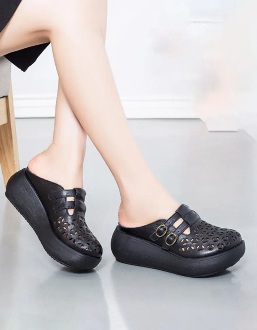 Double Buckles Summer Hollow Wedge Slippers