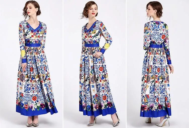 Elegant Print V Neck Long Sleeve Evening Maxi Long Dress
