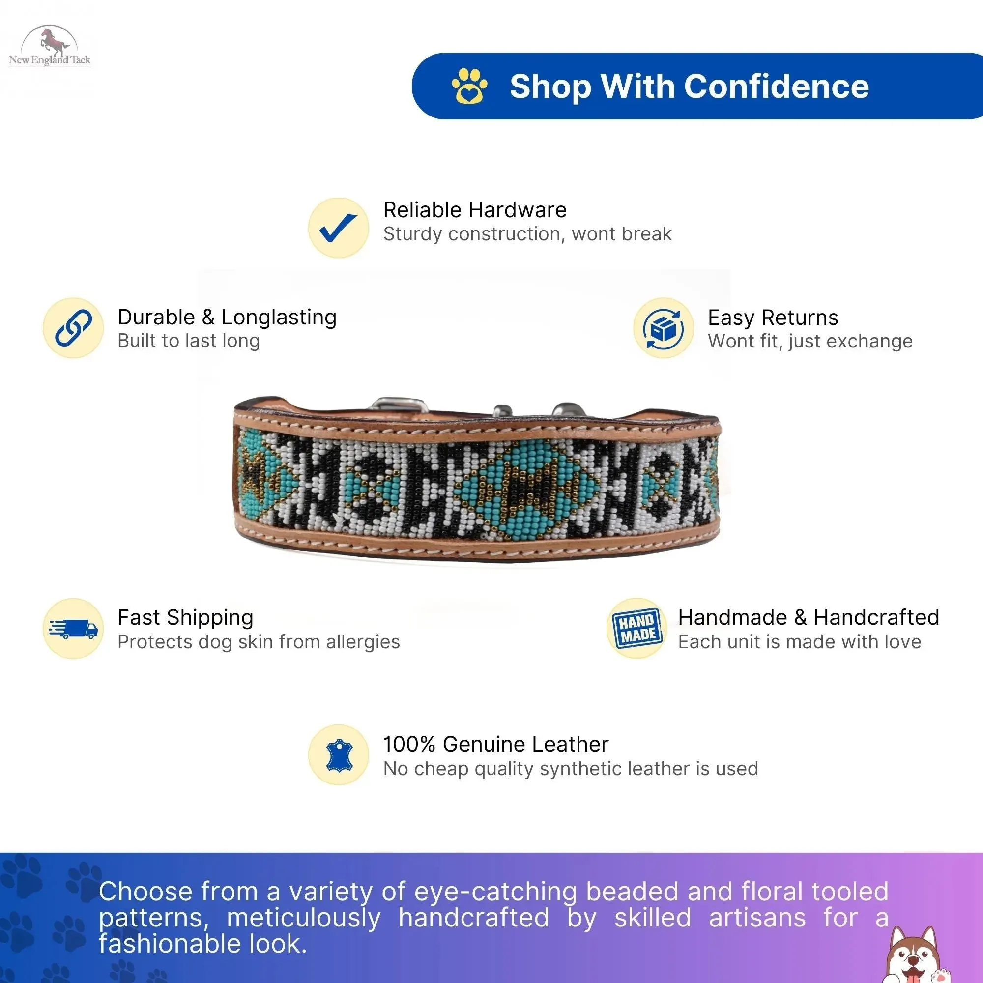 Handcrafted Argentinian Leather Dog Collar with Floral Tooling - Premium Quality