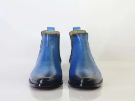 Handmade Men's Blue Leather Brogue Toe Chelsea Boots, Men Fashion Ankle Boots, Men Designer Boots