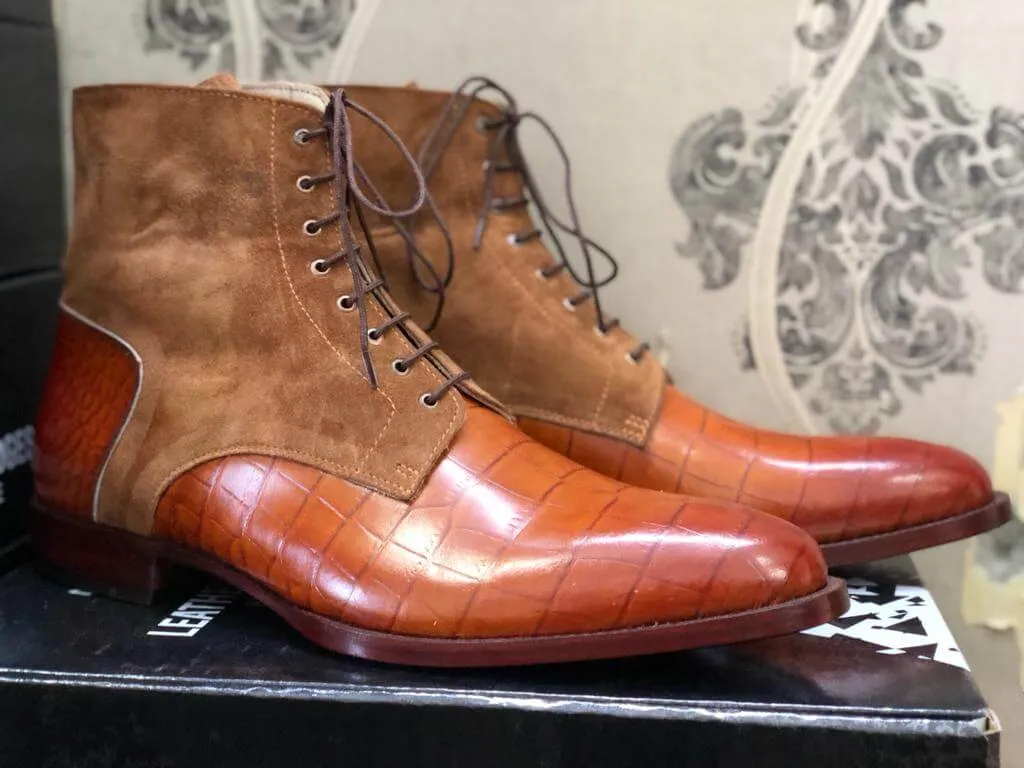 Handmade Men’s Brown Tan Suede & Crocodile Leather Boots, Men Lace Up Fashion Boot