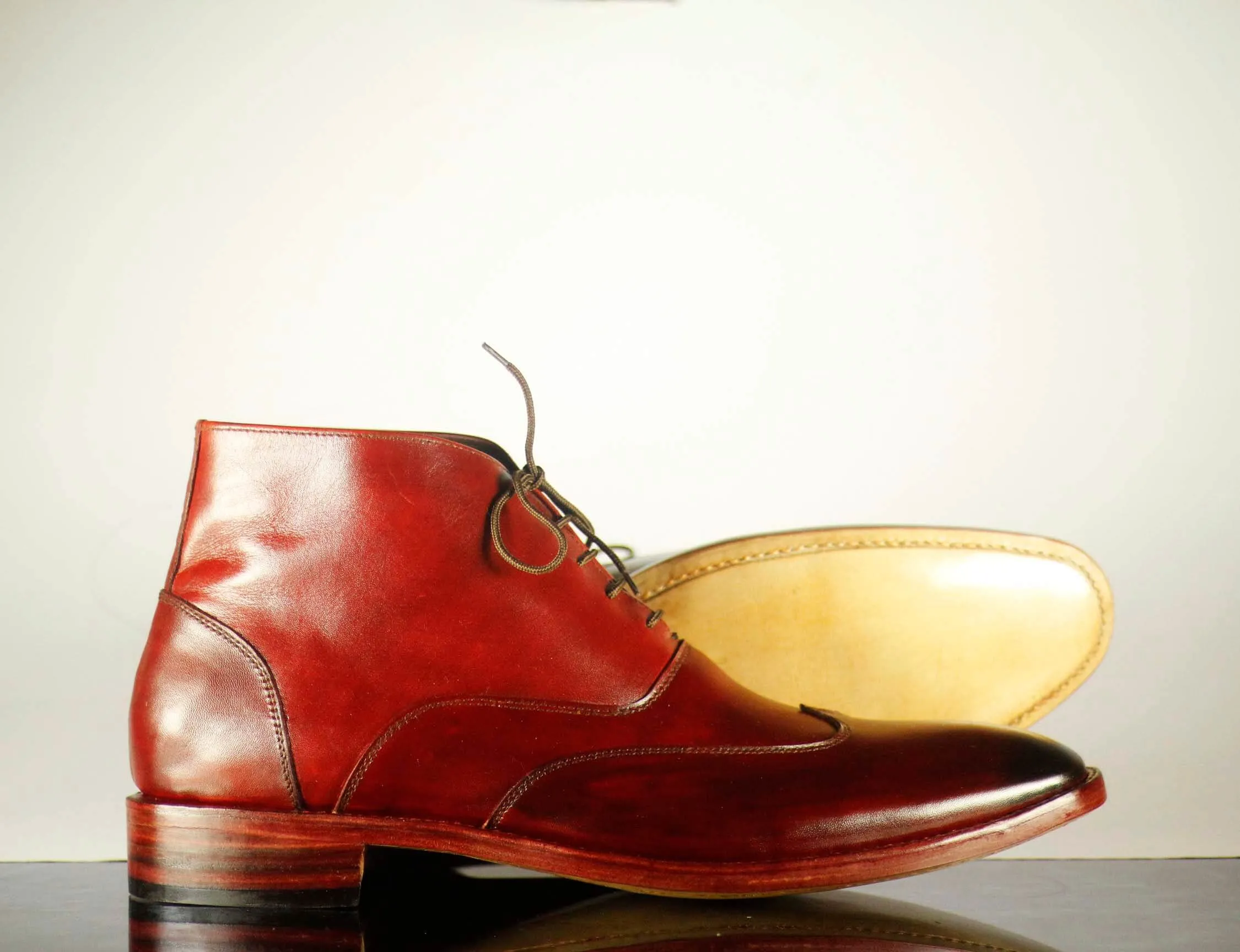 Handmade Men's Burgundy Leather Wing Tip Lace Up Boots, Men Ankle Boots, Men Designer Fashion Boots
