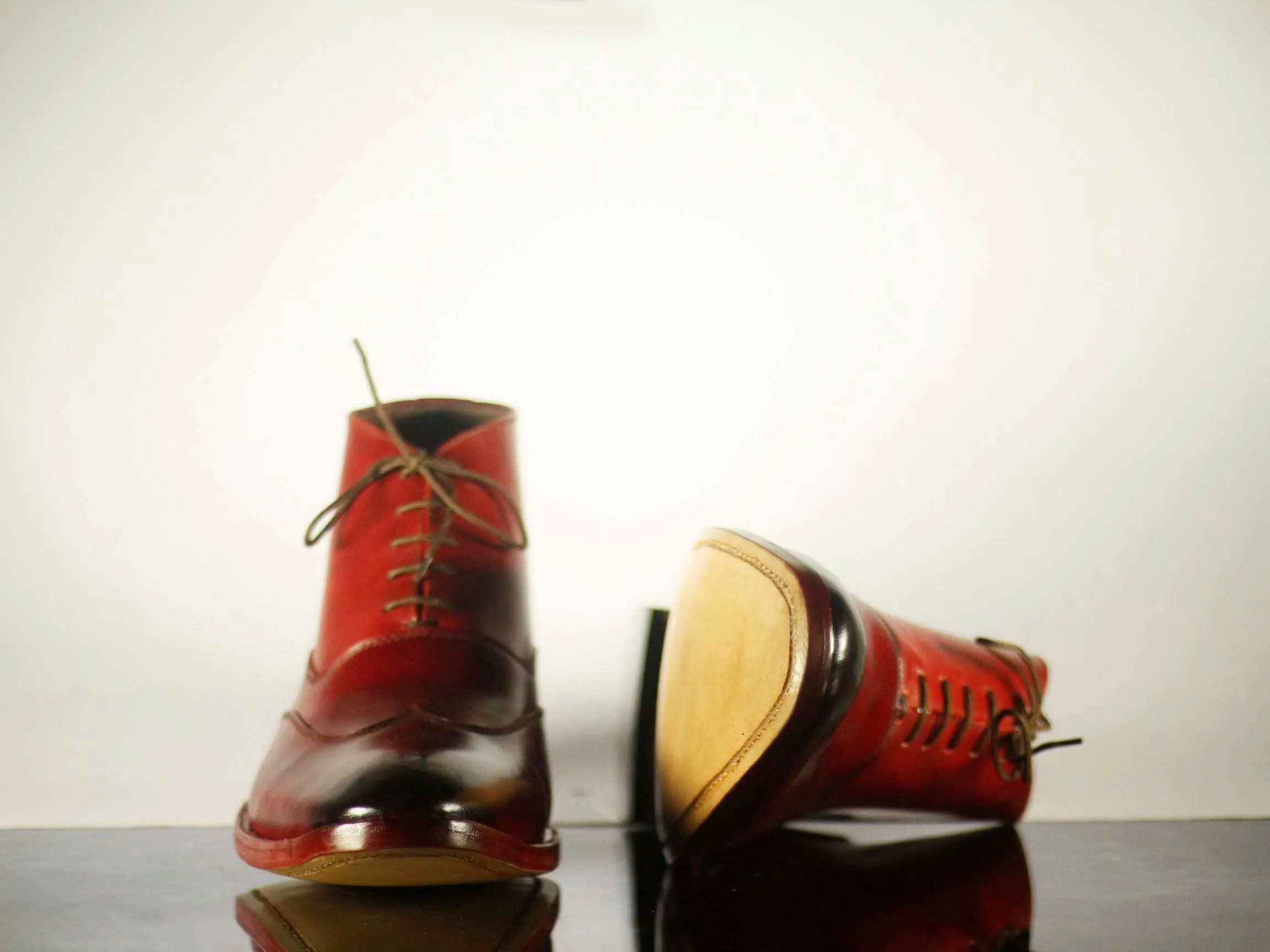 Handmade Men's Burgundy Leather Wing Tip Lace Up Boots, Men Ankle Boots, Men Designer Fashion Boots