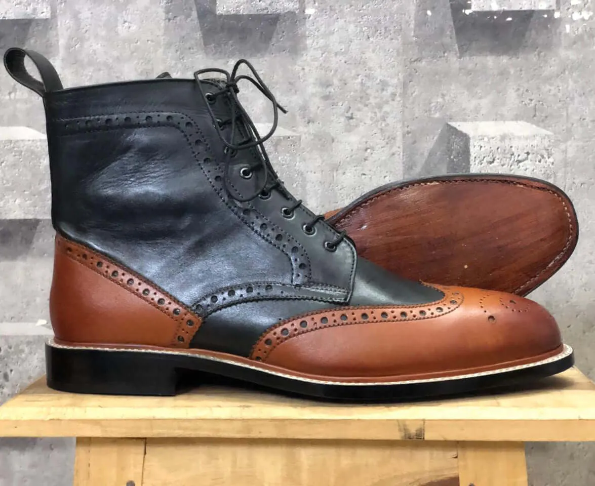 Handmade Men's Two Tone Black Brown Wing tip Brogue Leather Ankle Boots, Men Fashion Designer Boots