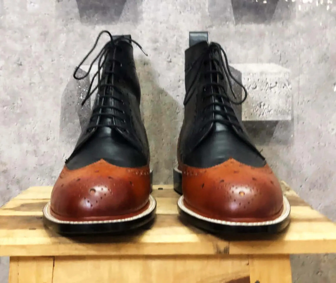 Handmade Men's Two Tone Black Brown Wing tip Brogue Leather Ankle Boots, Men Fashion Designer Boots