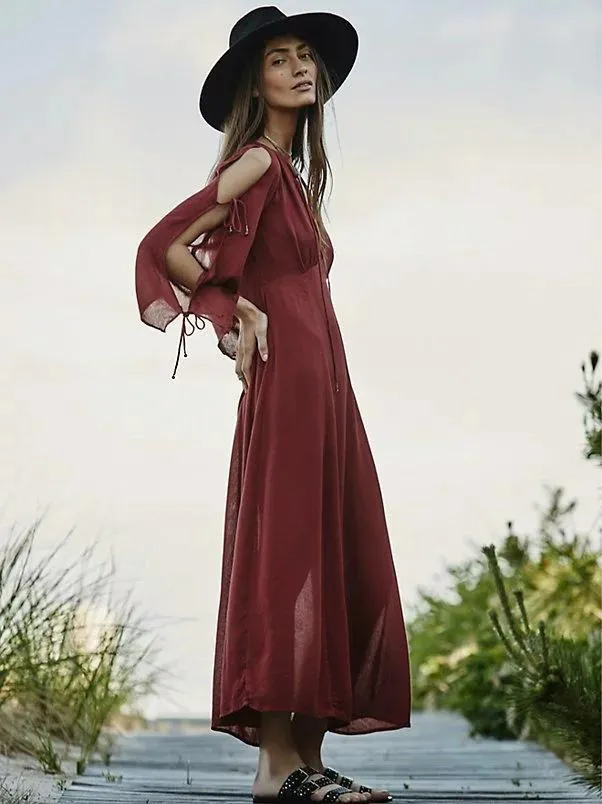 Long sleeved bohemian solid color beach holiday elegant long dress