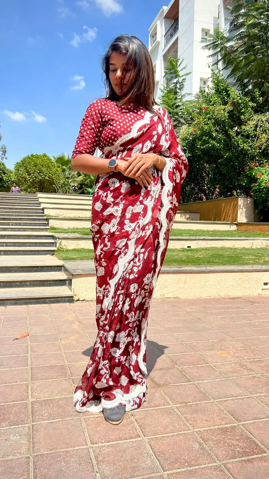 Maroon georgette saree with banarasi blouse