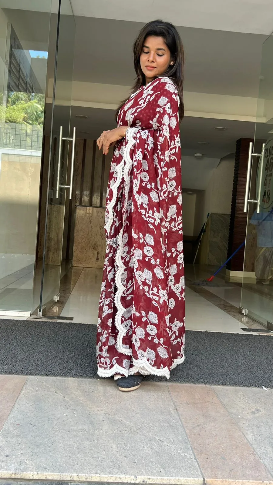 Maroon georgette saree with banarasi blouse