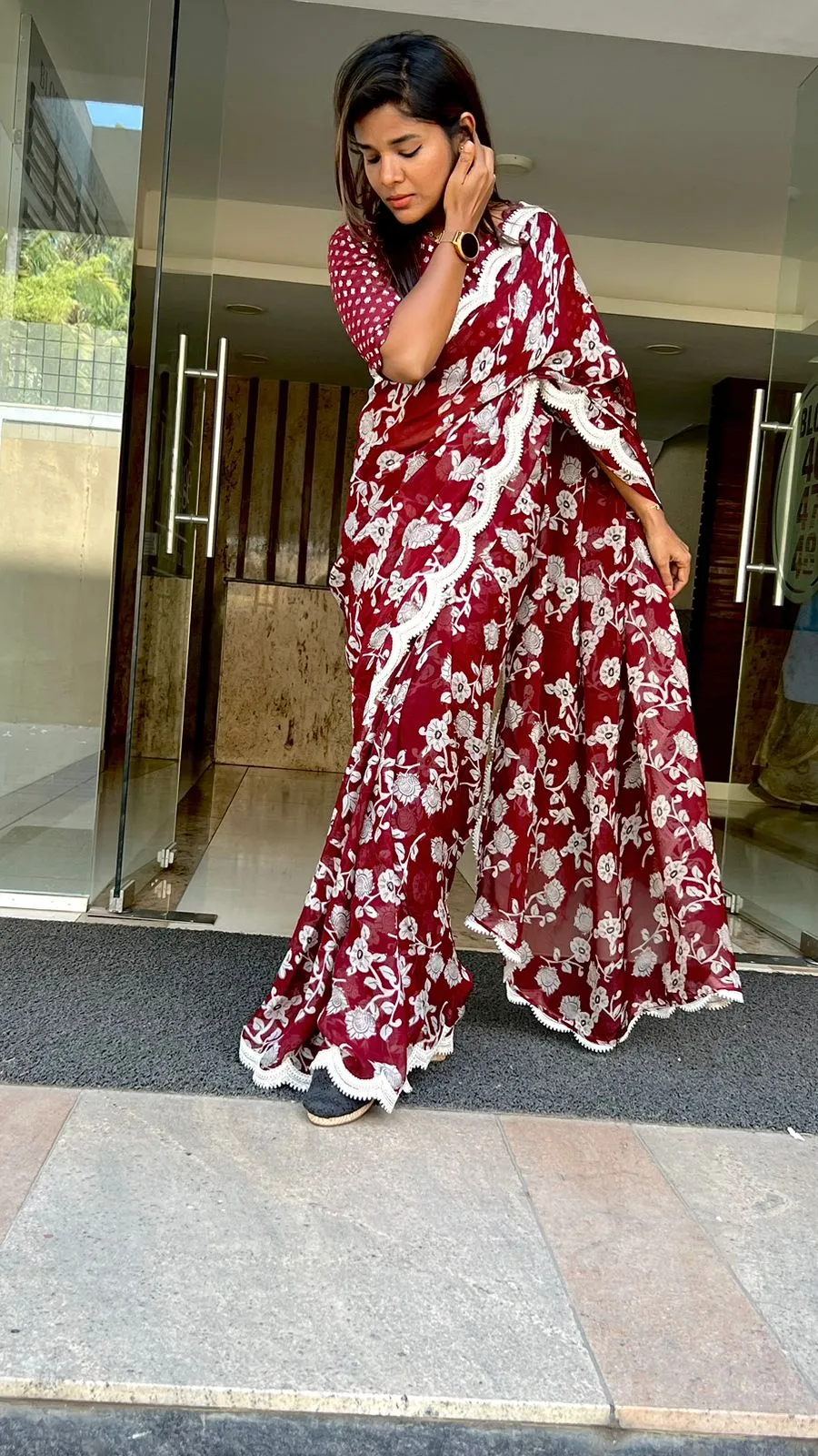 Maroon georgette saree with banarasi blouse