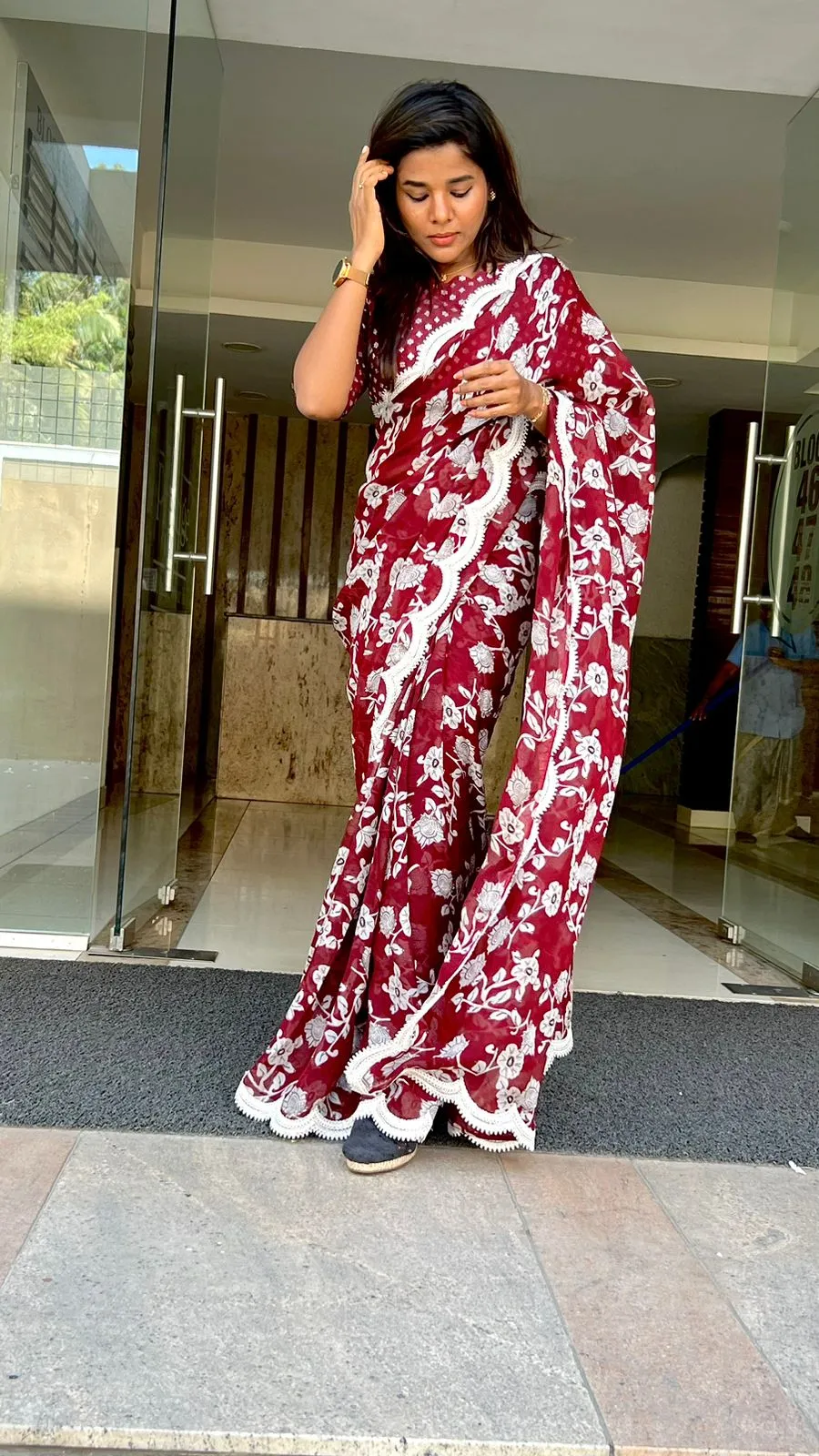 Maroon georgette saree with banarasi blouse