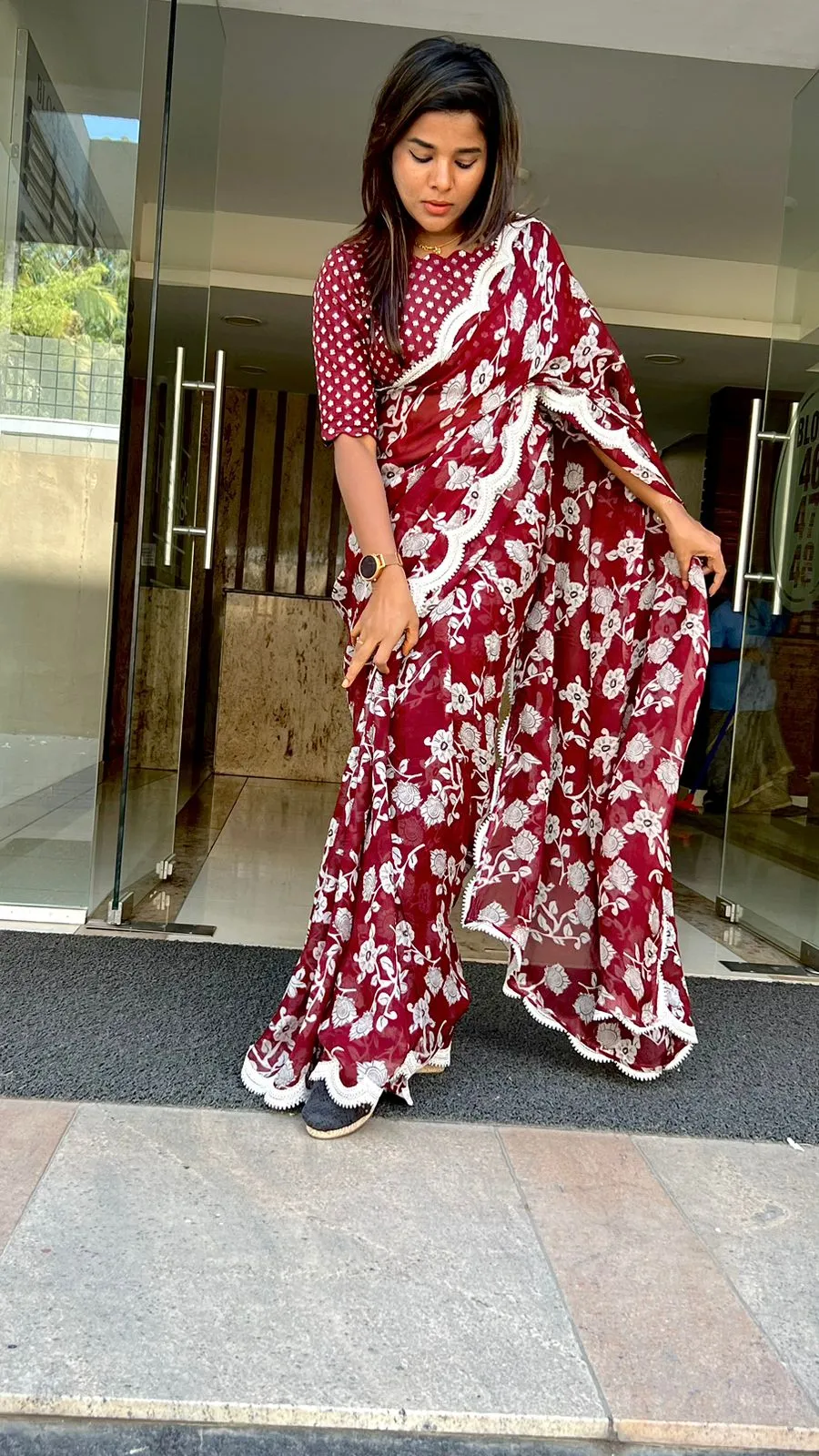 Maroon georgette saree with banarasi blouse