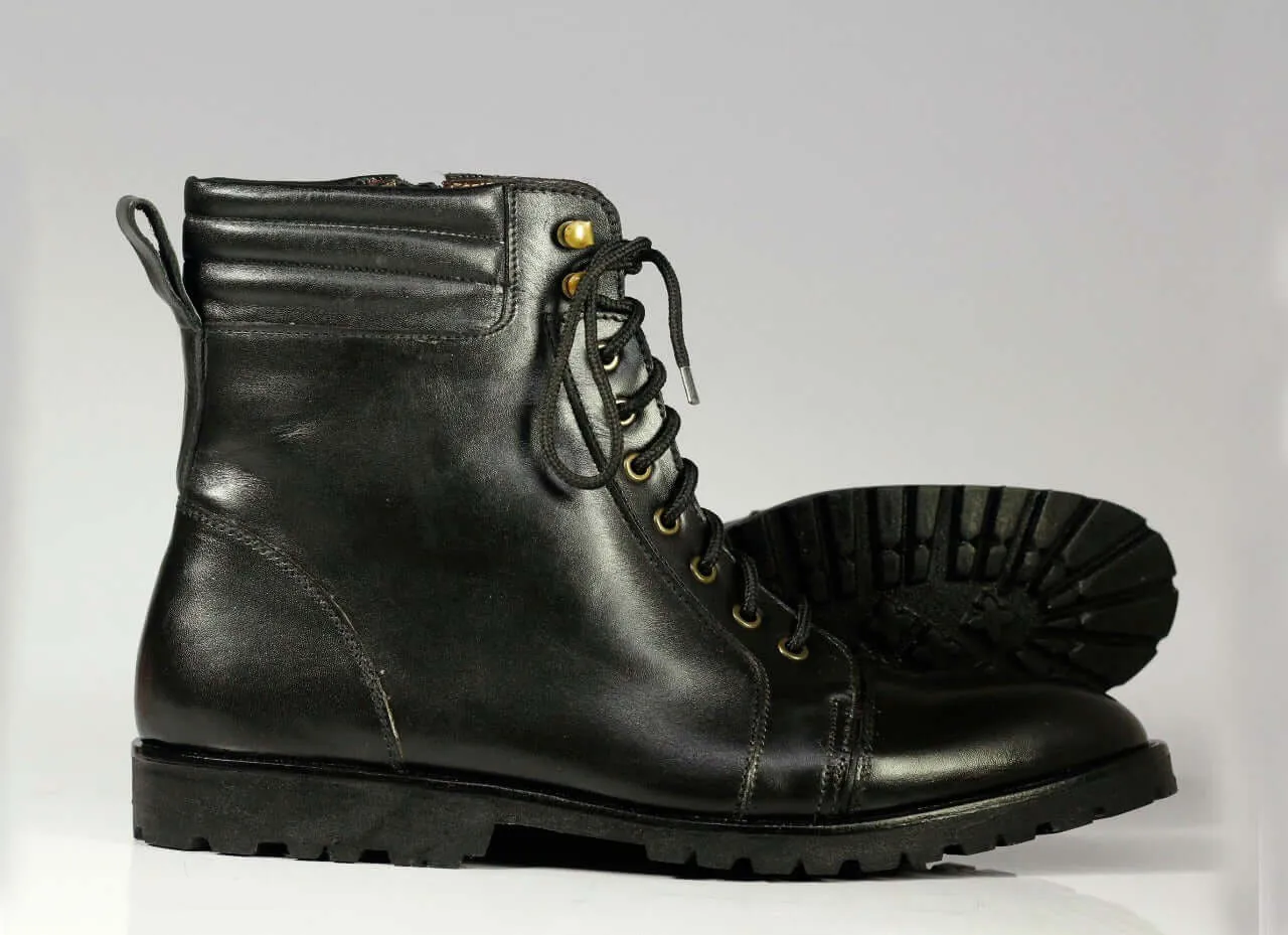 Men's Handmade Black Cap Toe Leather Ankle Boots, Men Designer Boots