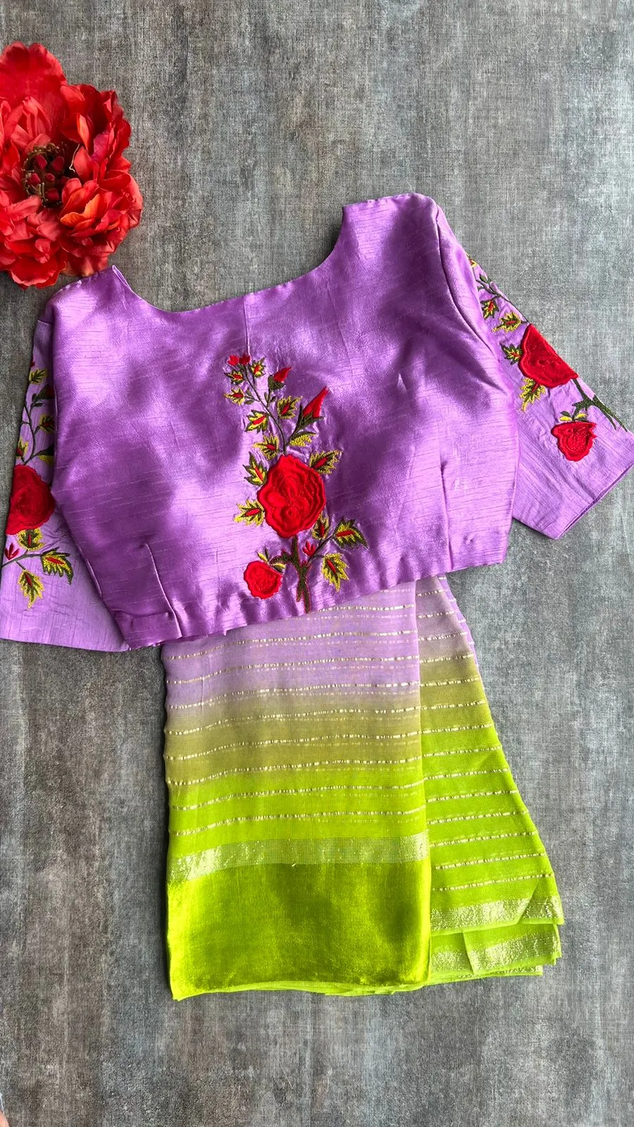 Ombre lavender green saree with silk embroidery blouse