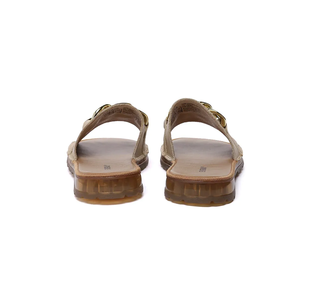 Women Leather Metal Ultra Soft Flat Slides Jianna