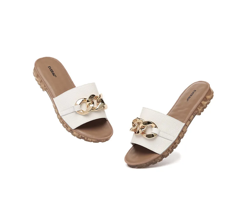 Women Leather Metal Ultra Soft Flat Slides Jianna