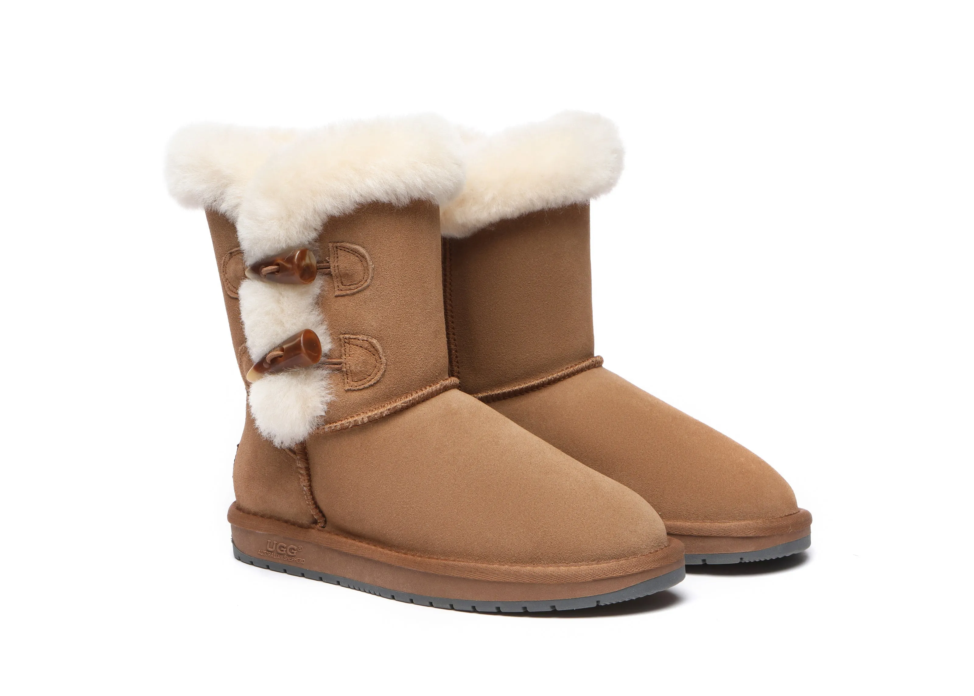 Women Short Boots Talia Twin Face Sheepskin Double Horn Toggle Closure