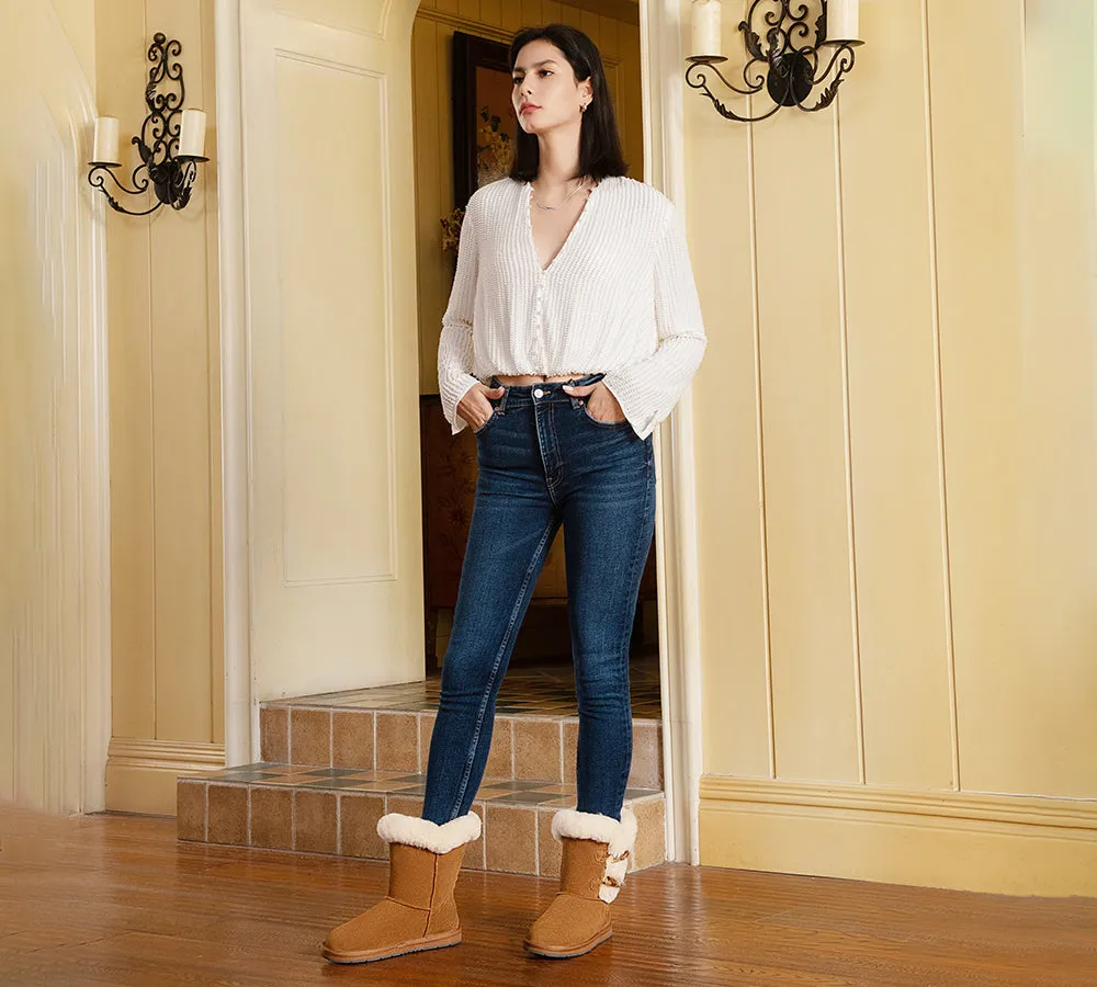 Women Short Boots Talia Twin Face Sheepskin Double Horn Toggle Closure