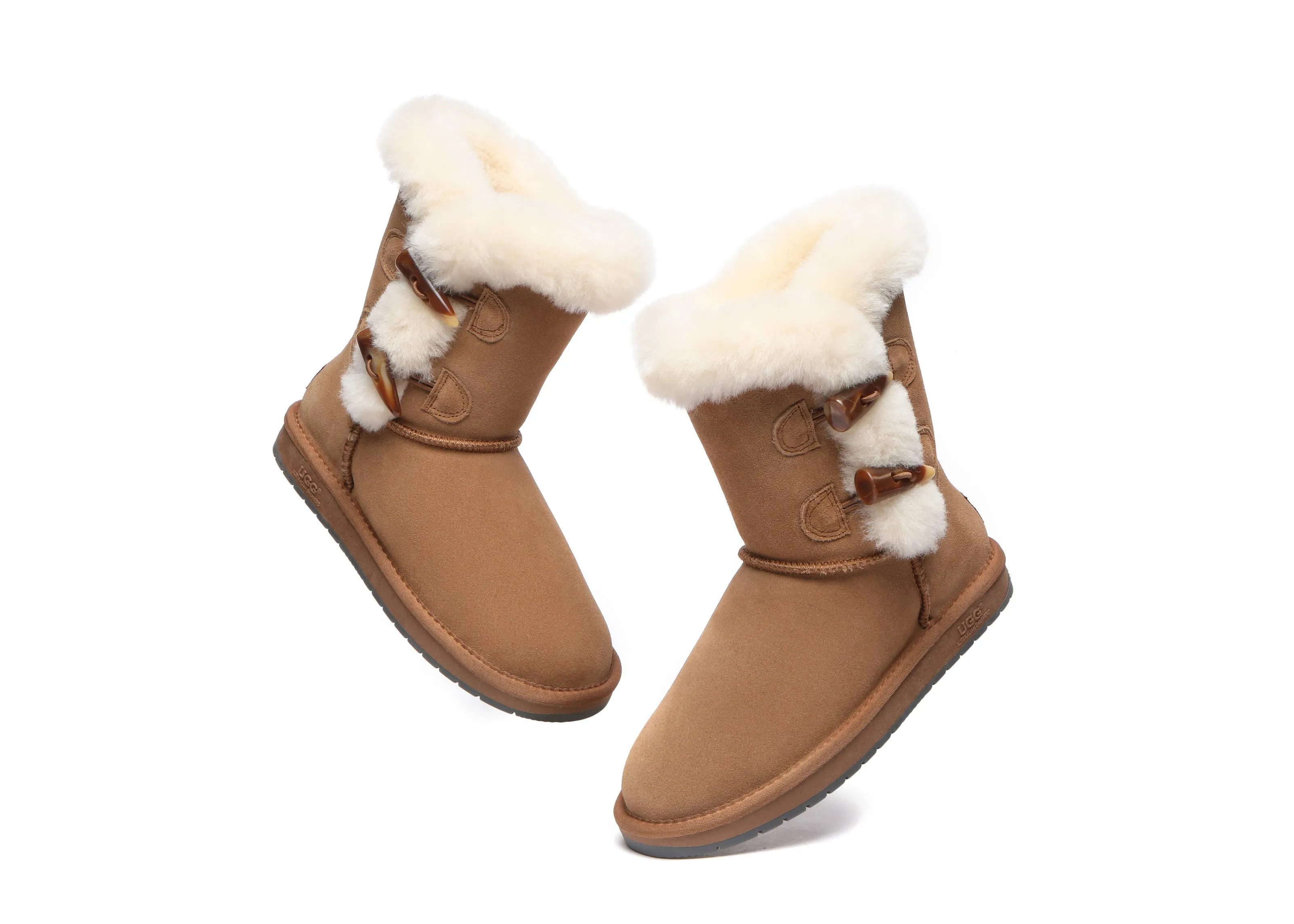 Women Short Boots Talia Twin Face Sheepskin Double Horn Toggle Closure