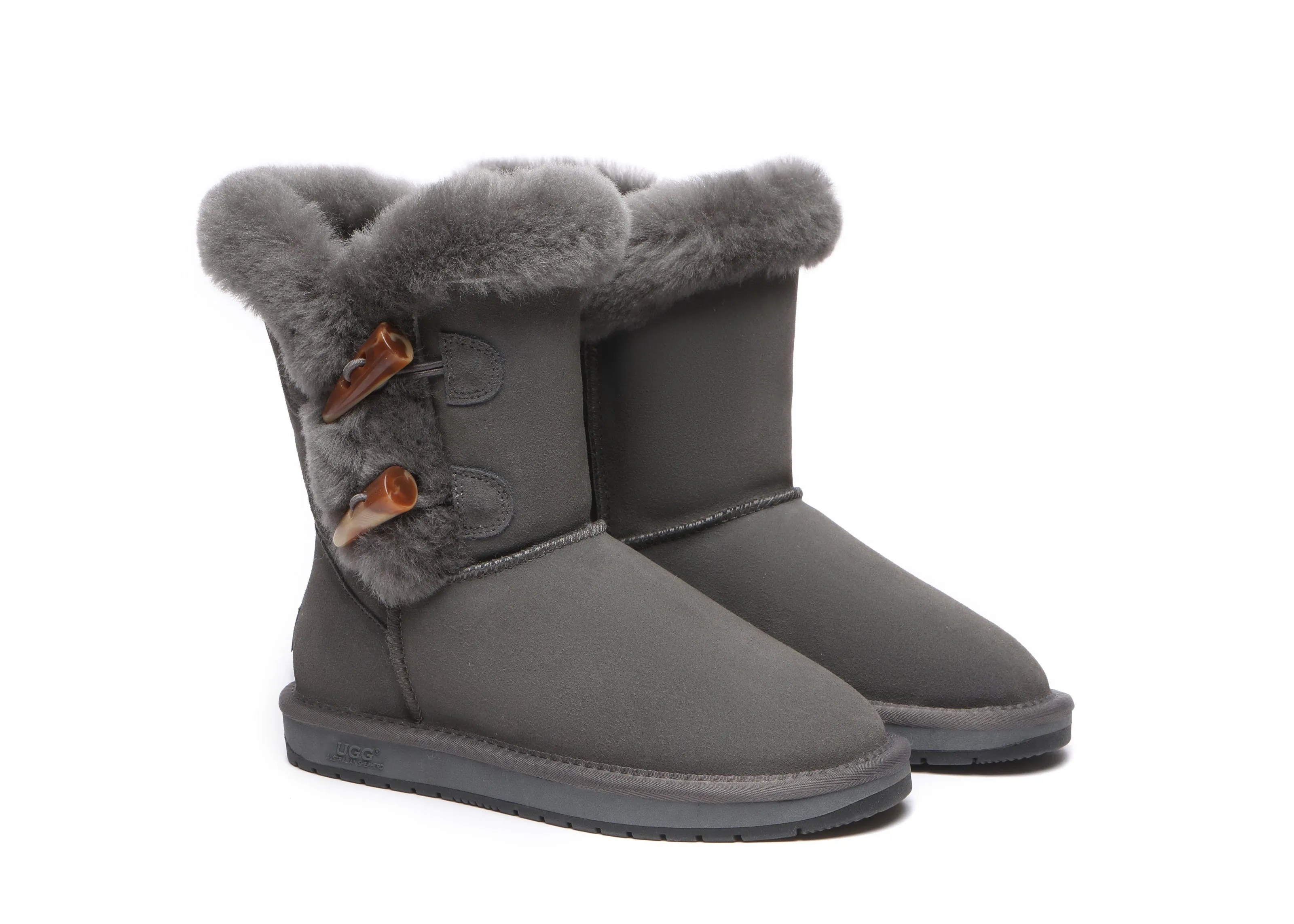 Women Short Boots Talia Twin Face Sheepskin Double Horn Toggle Closure