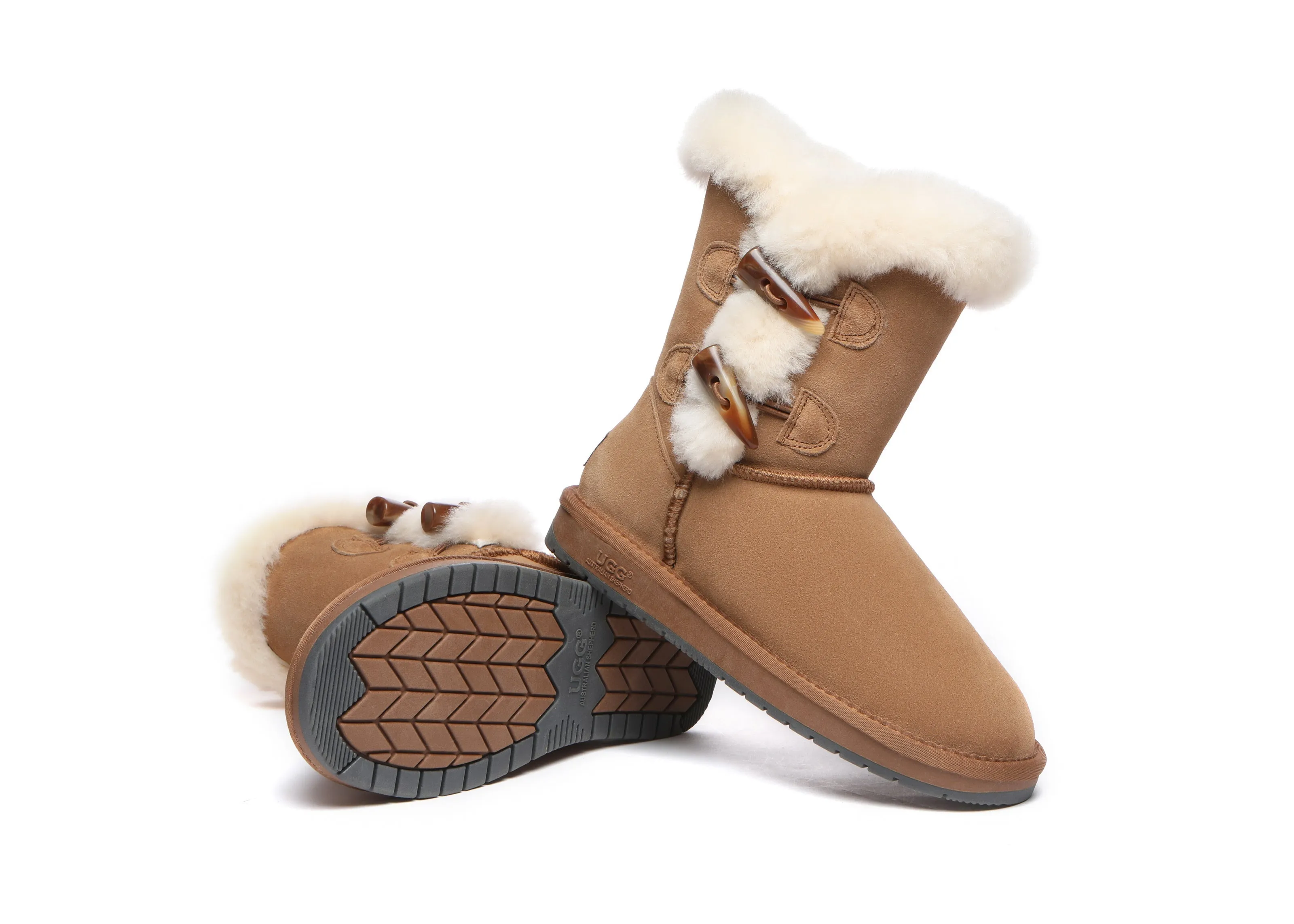 Women Short Boots Talia Twin Face Sheepskin Double Horn Toggle Closure