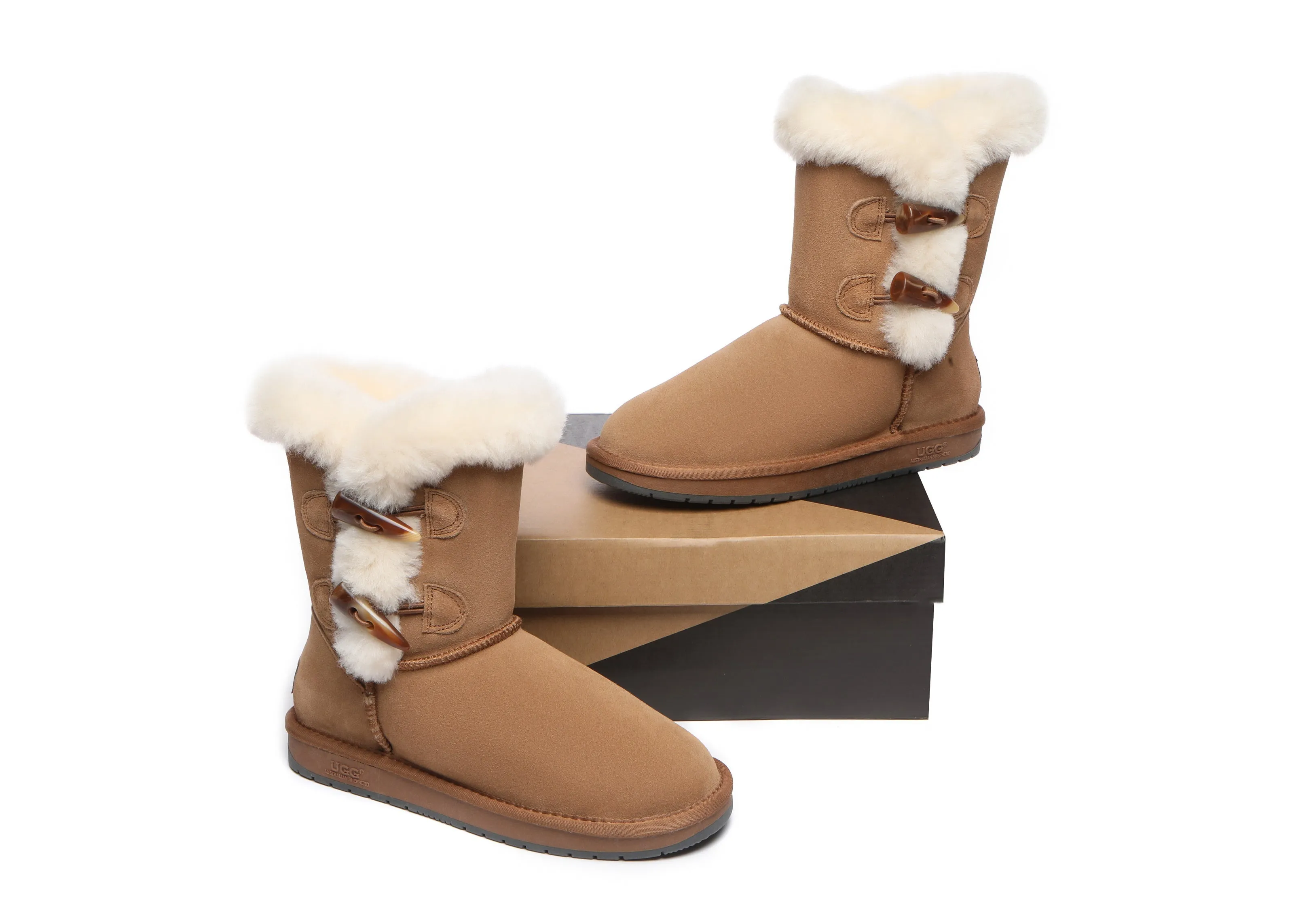 Women Short Boots Talia Twin Face Sheepskin Double Horn Toggle Closure