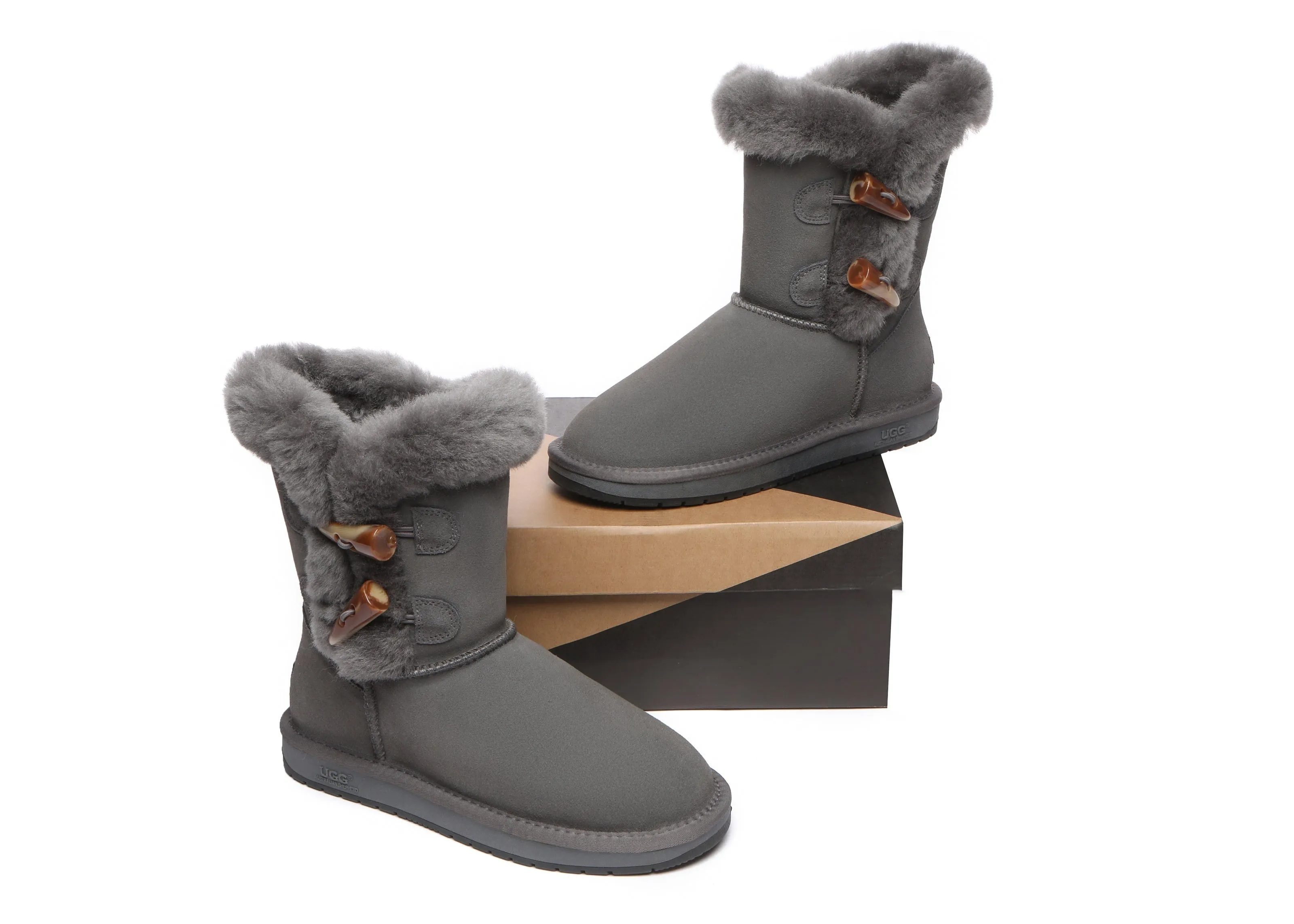 Women Short Boots Talia Twin Face Sheepskin Double Horn Toggle Closure